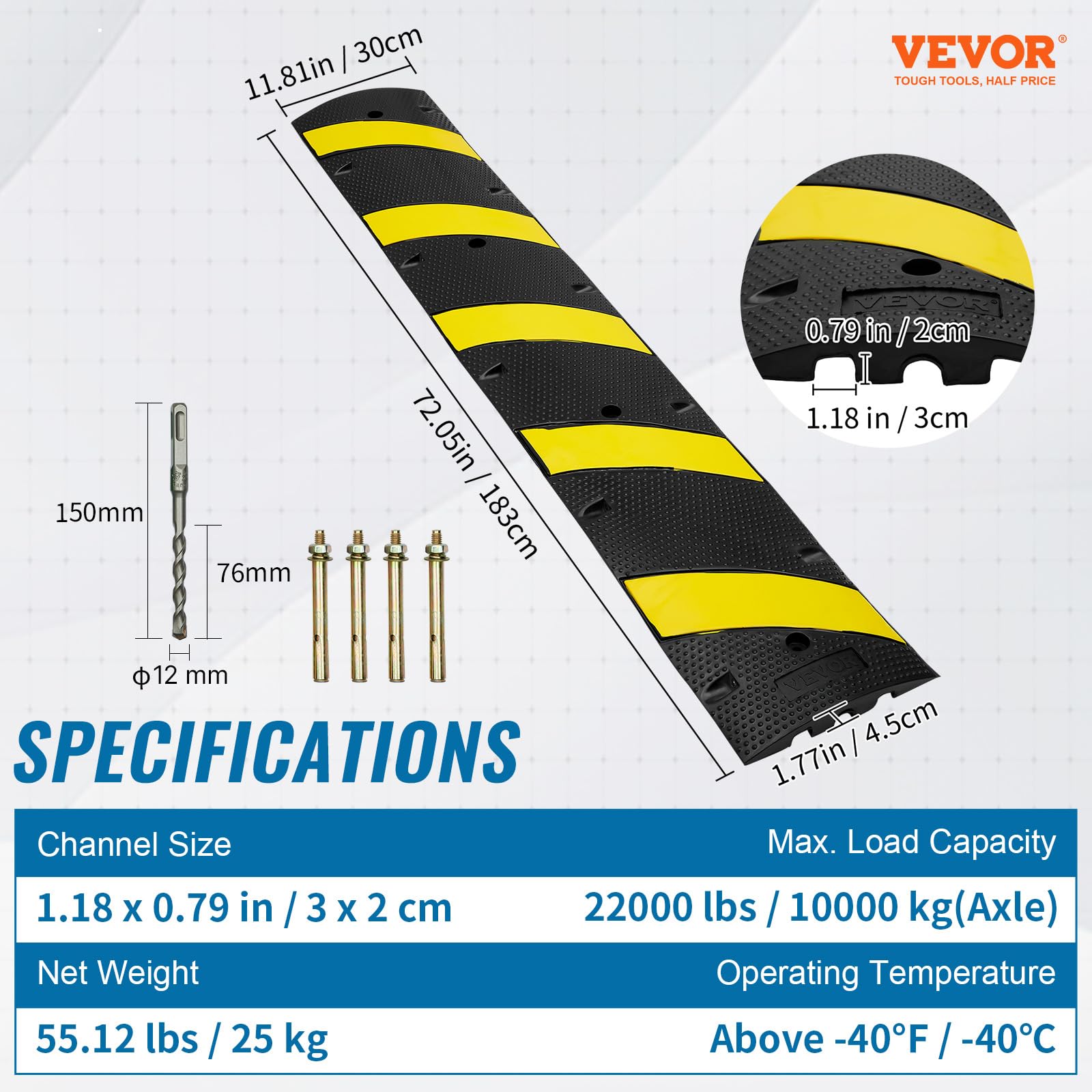 VEVOR Rampe Protection Câble à 2 Canaux Passage de Câble au Sol en Caoutchouc Passe Câble Ralentisseur Charge 10000 kg avec 4 Vis d'Expansion 1 Foret pour Routes Parkings, 183x30x4,5 cm, Noir/Jaune