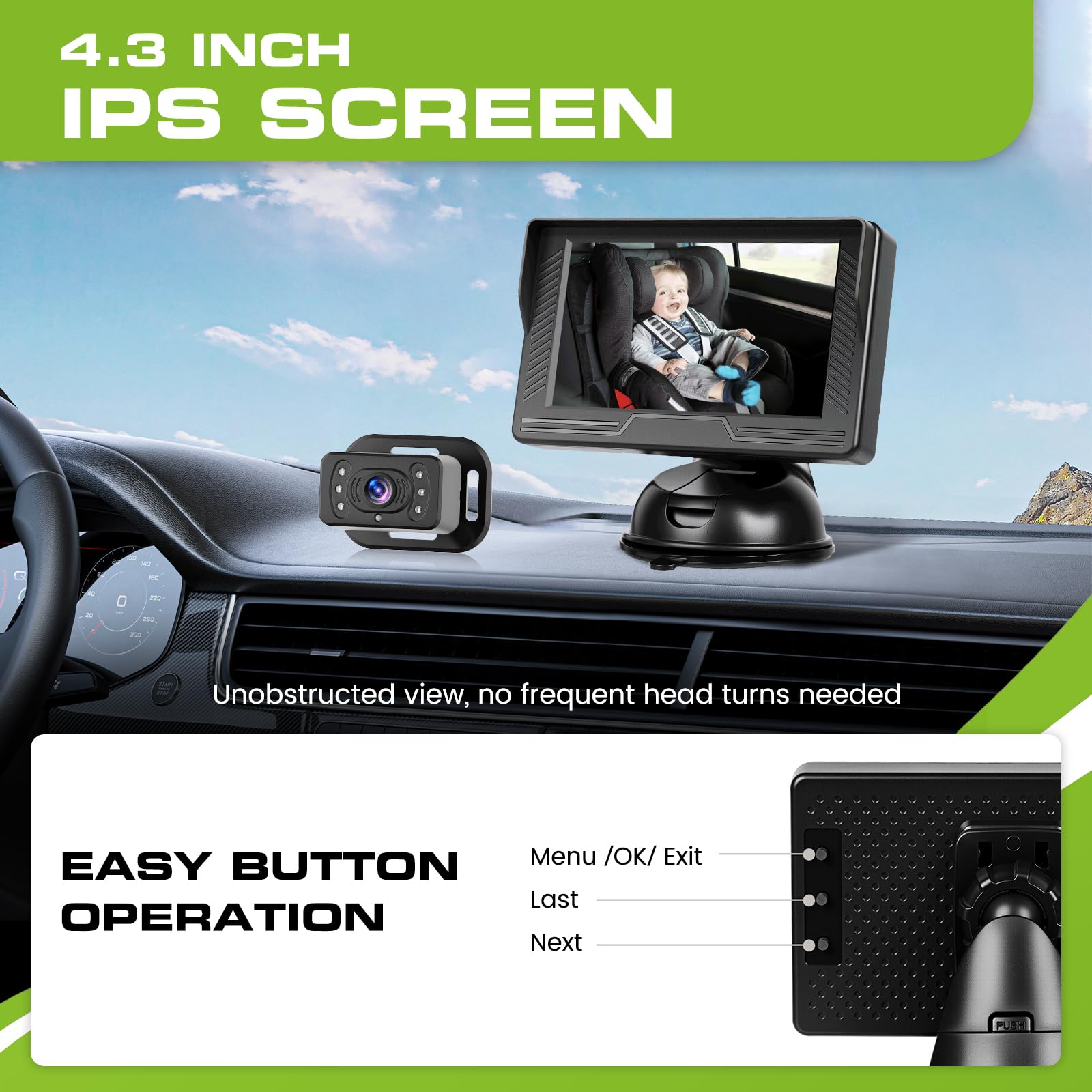 Hikity Cámara de Coche para Bebé 4,3 Zoll IPS Display Visión Nocturna,360° Giratorias,Einfache Installation,Kompatibel mit Limousinen, Kleintransportern, und SUV