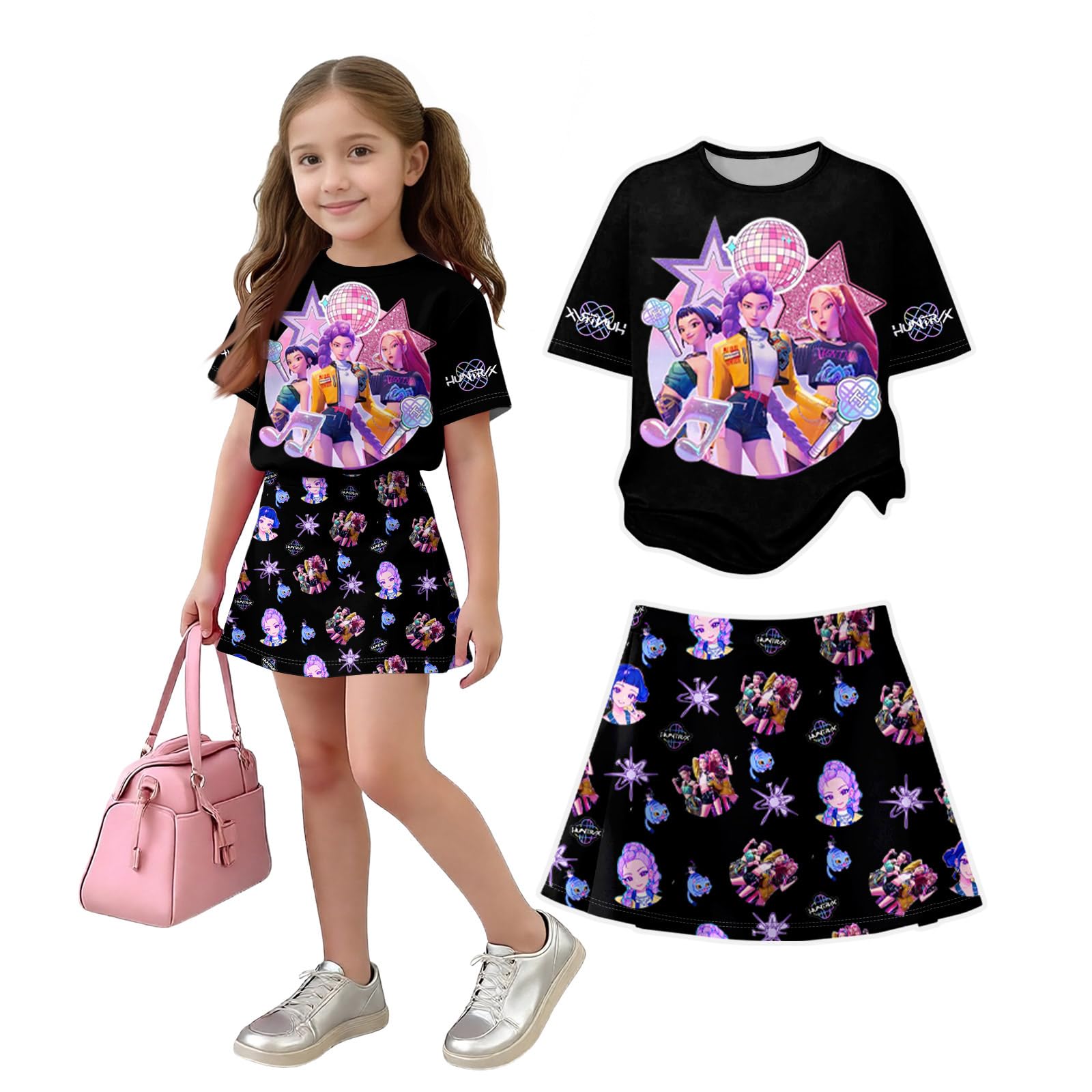 Girls 2-Piece Anime Outfit Set, Short Sleeve Graphic T-Shirt and Printed Skirt Set — view 6