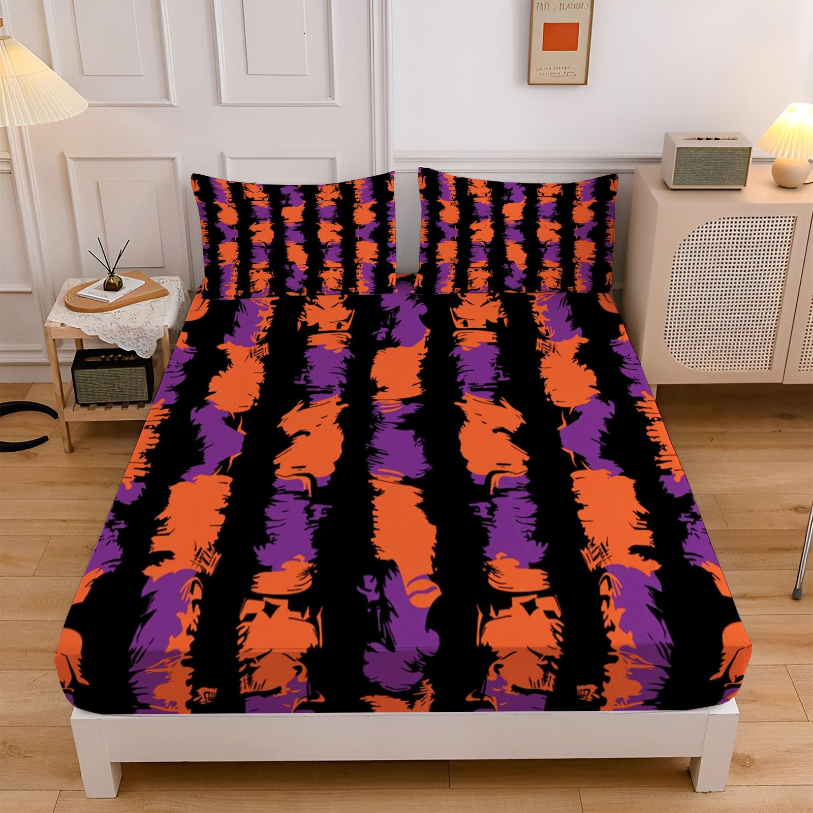 Parure lit halloween drap housse 140x200 colorblock avec taies d'oreiller esthétiques