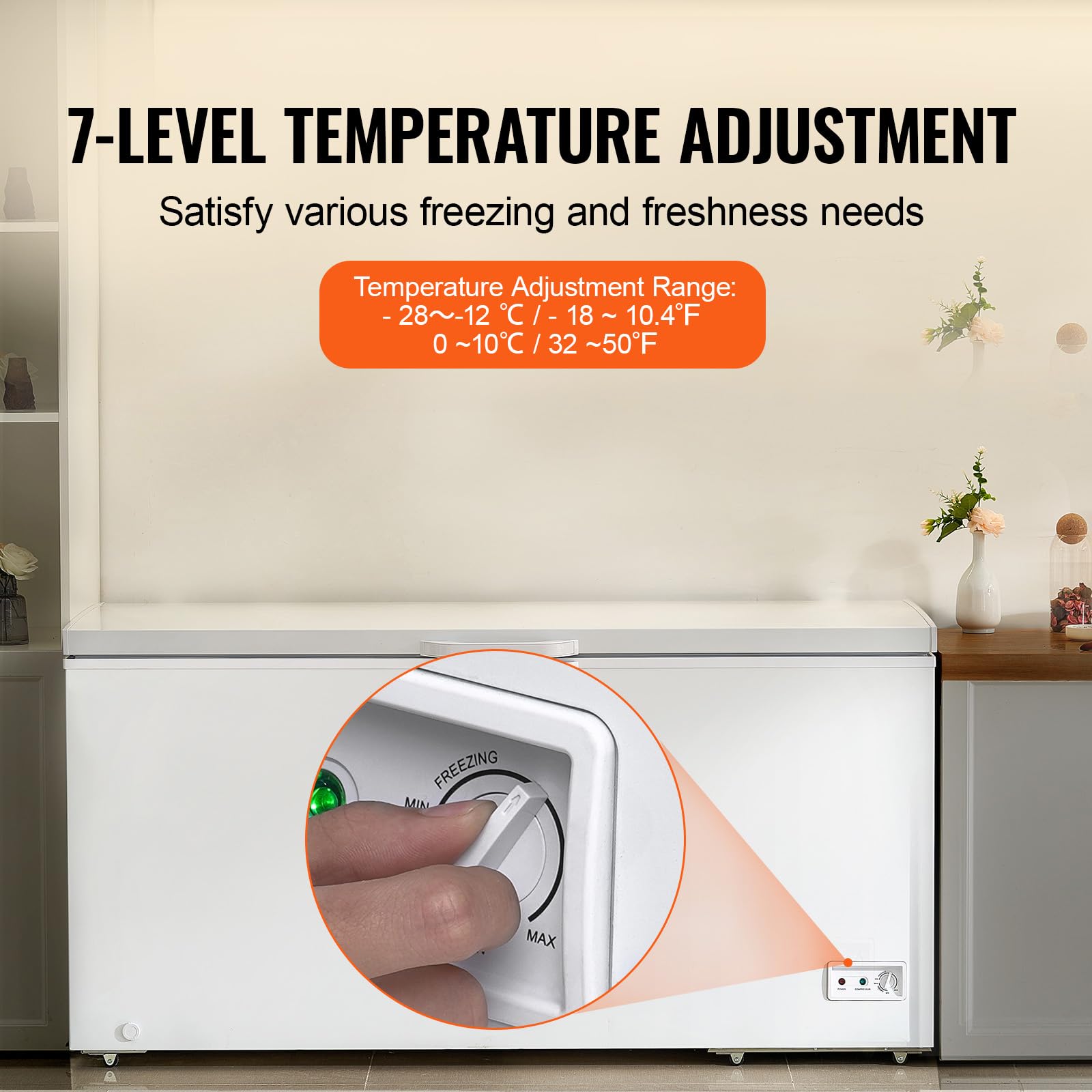Happybuy Chest Freezer, 17.2 Cu.Ft / 488 L Large Deep Freezer With 4 Baskets; Freestanding, Top Open Door, 7-Level Temp Adjustment, LED Light, Locking Lid, 6 Wheels on Fridge.com - View 4