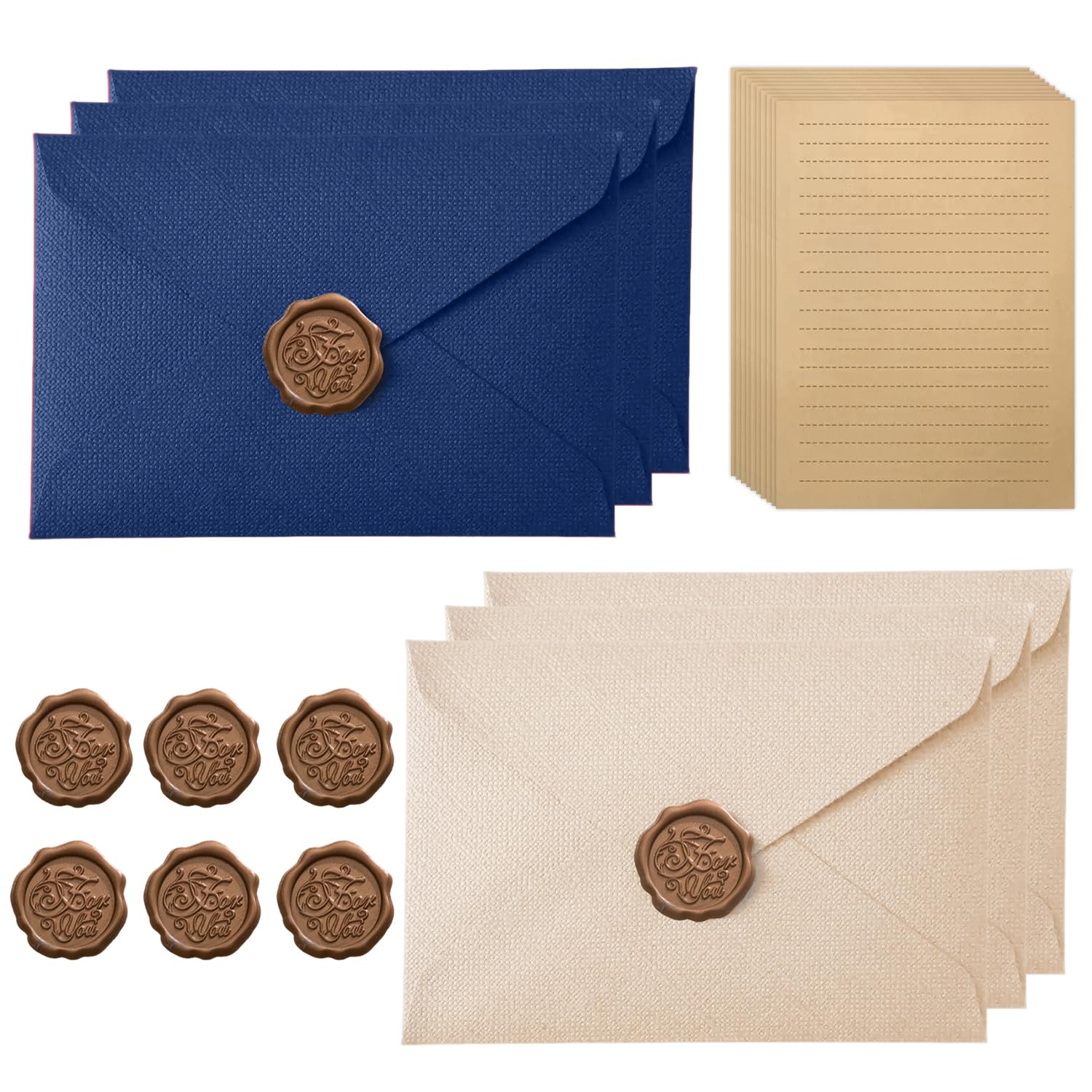 Vintage Letter Paper with 6 Envelopes, 10 A5 Writing Paper and 6 Wax Seal, Kraft Paper, Beautiful Writing Paper Set for Wedding Birthday Greeting Cards, Dark Blue & Off-White