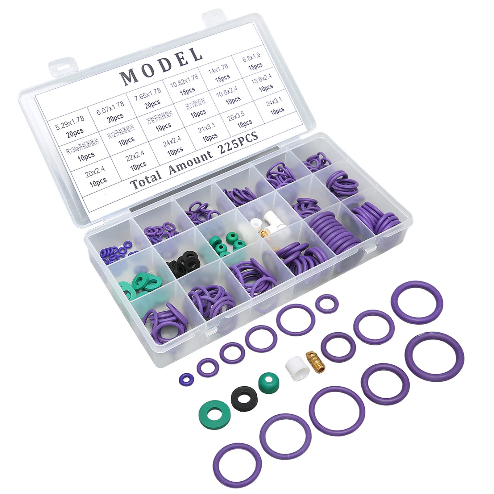 Kit di Guarnizioni per di Aria Condizionata 225PCS Set di Guarnizioni O-ring per Condizionatore D'aria per Auto Assortimento di 14 Misure con Distanziatore a Rondella per