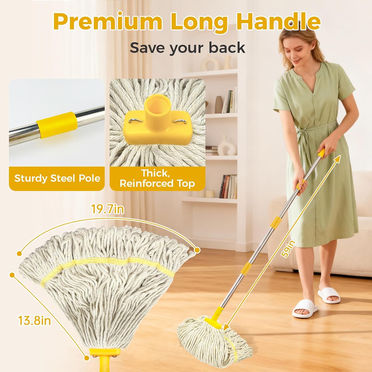 Indoor Mop for Floor Cleaning, Cotton String Wet Mops with Long Handle for Wood Floors Tile Hardwood Floor, Regular Mops for House Kitchen Bathroom Garage Office,Yellow Yellow Large