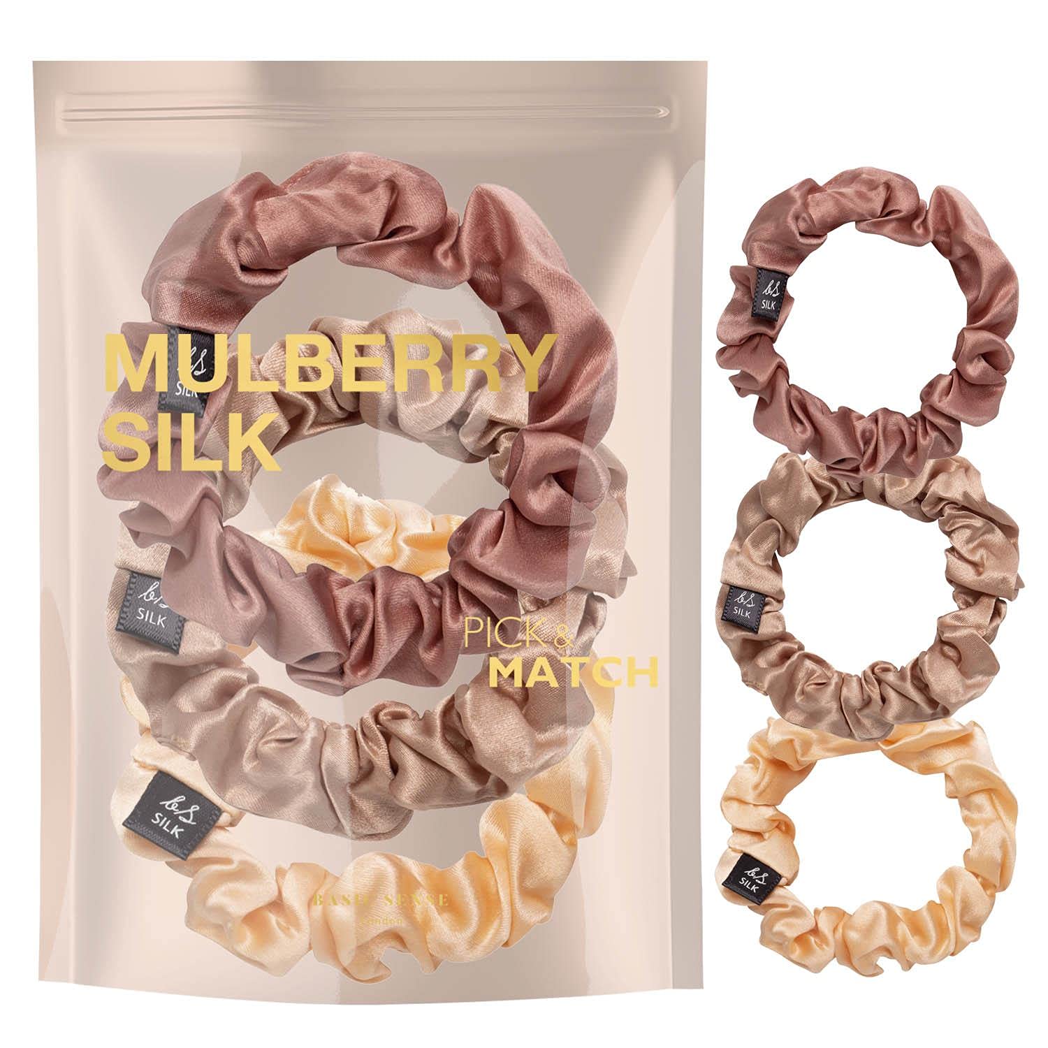 Basic SenseSilk Hair Scrunchies Luxurious Mulberry Hair Tie - Skinny Scrunchy Set of 3pcs, Peach Assortment