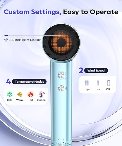 Miniatura 3 de Secador de pelo, secadora de alta velocidad de 130000 RPM para secado rápido, 300 millones de iones negativos, control de calor y ligero, azul