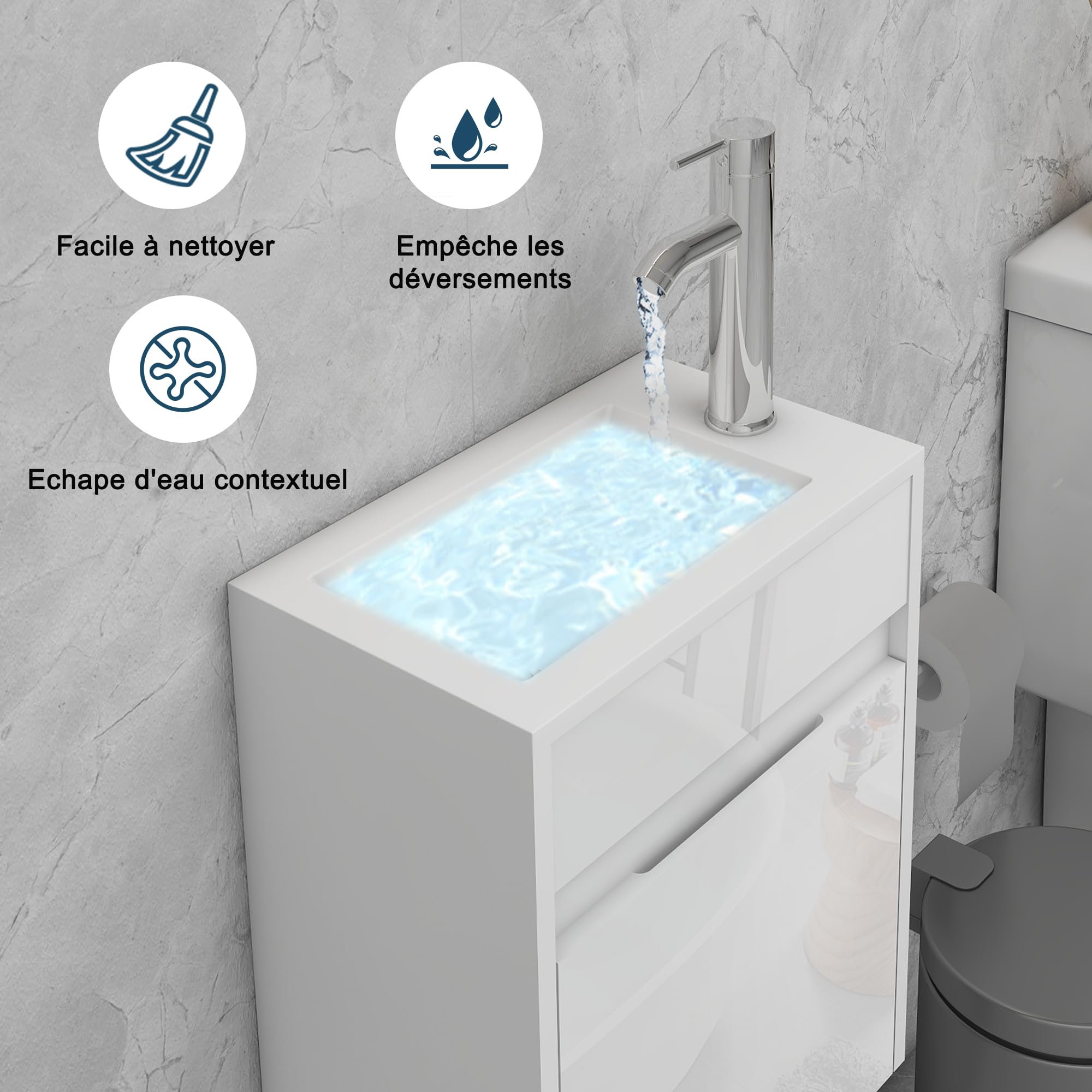 UEV Meuble de Salle de Bain Mural 41cm, Meuble de Lavabo Suspendu Blanc avec Rangement, Lavabo en Résine, Robinet Chromé, 41 x 25 x 50 cm, Blanc