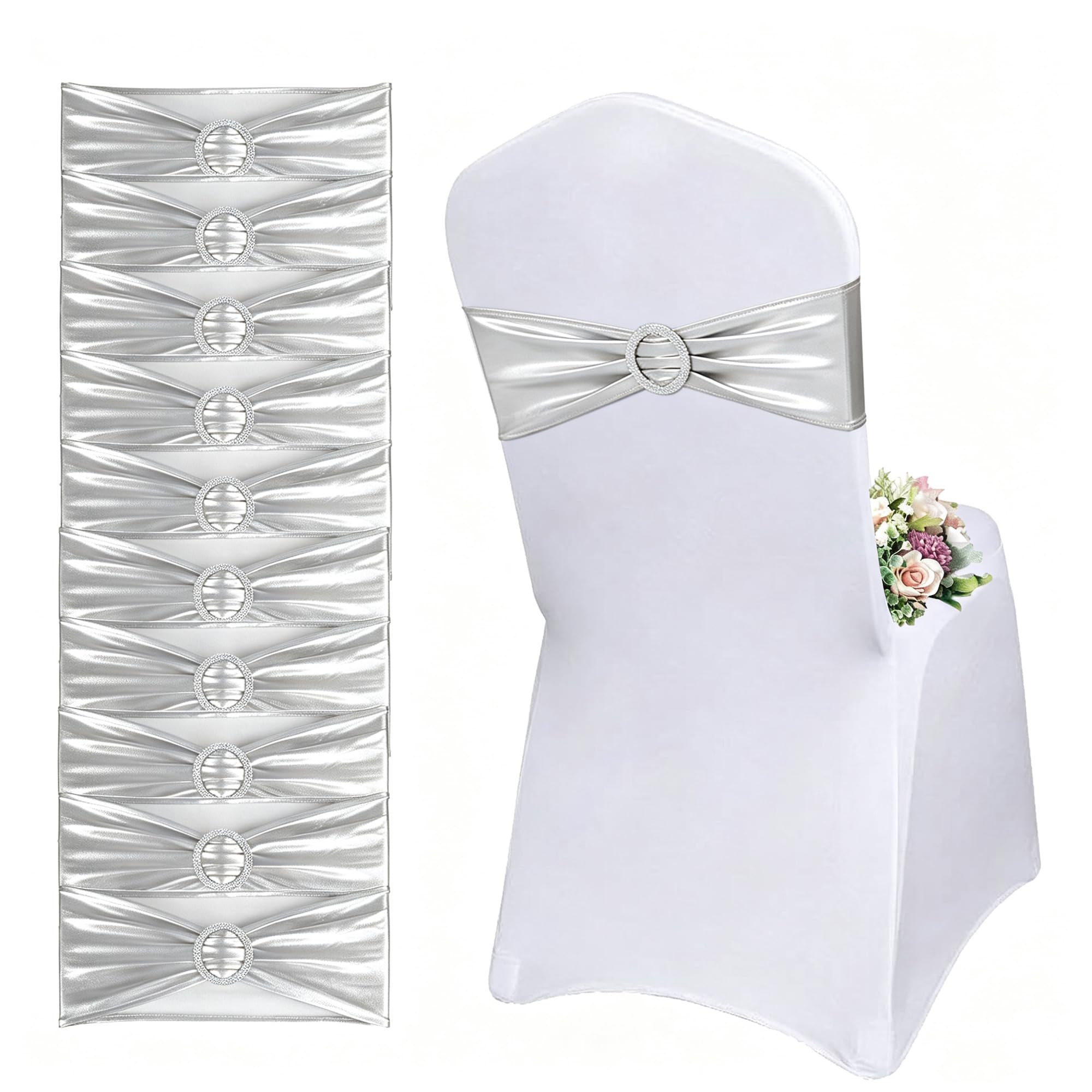 50 x Elastic Chair Sashes Bows with Round Buckle,Premium Spandex Chair Bows
