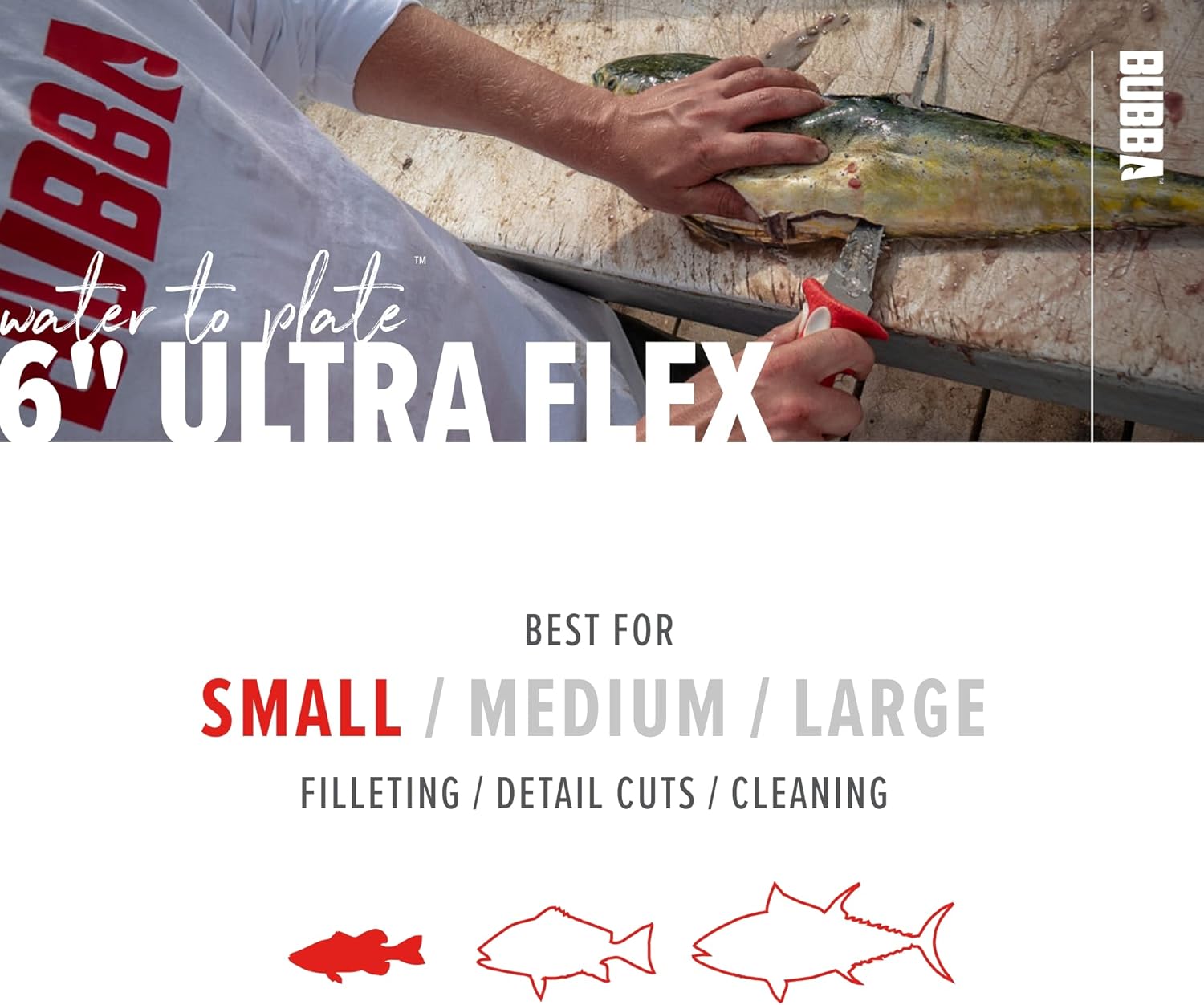 BUBBA 6 Inch Ultra Flex Tapered Fillet Knife with Non-Slip Grip Handle, 8Cr13MoV Stainless Steel Blade, Lanyard Hole and Synthetic Sheath for Fishing