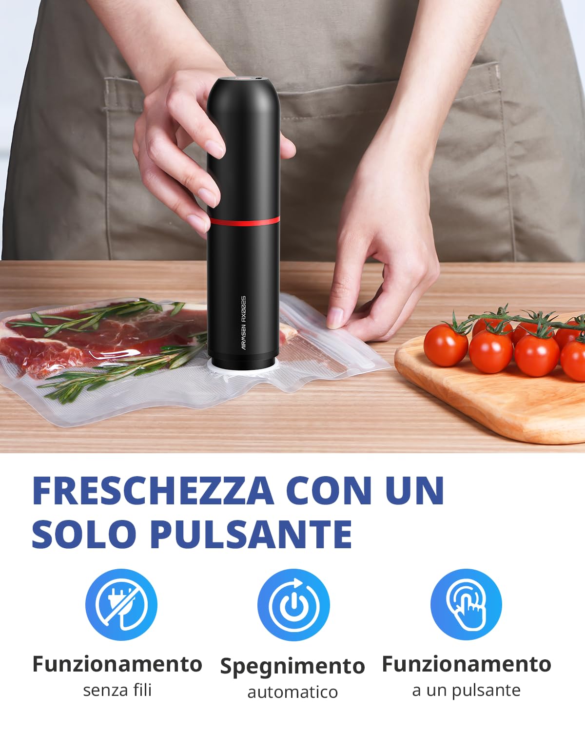 AIRMSEN Mini Macchina Sottovuoto per Alimenti, Portatile con Potenza di Aspirazione di 40 kPa, Piccola Macchina Sottovuoto con 11 Sacchetti e 2 Tappi per Vino, Ideale per Conservare Alimenti Freschi