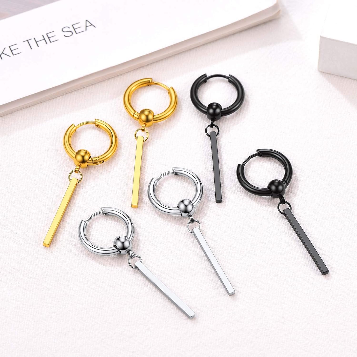 FOCALOOK Long Vertical Bar Dangle Earrings for Women Hypoallergenic 14K Gold Plated/Black/Silver Circle Hoop Bar Drop Earrings (With Gift Box) - Image 8