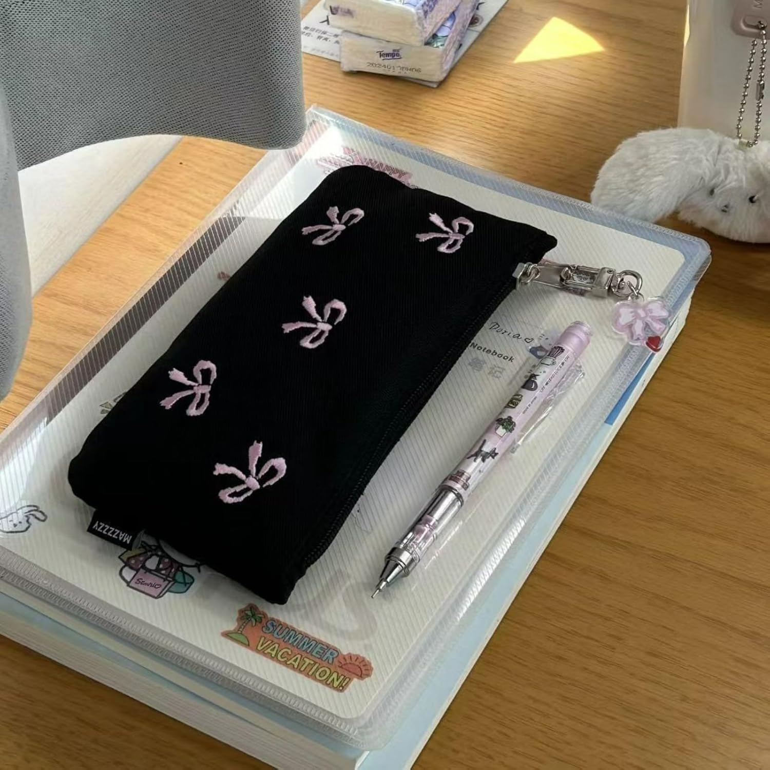 Black Bow Embroidery Pencil Case Pouch Organizer with Pins and Accessoriesm-Minimalist Large Capacity for Adults (Black+1 bow pendant) - Image 4