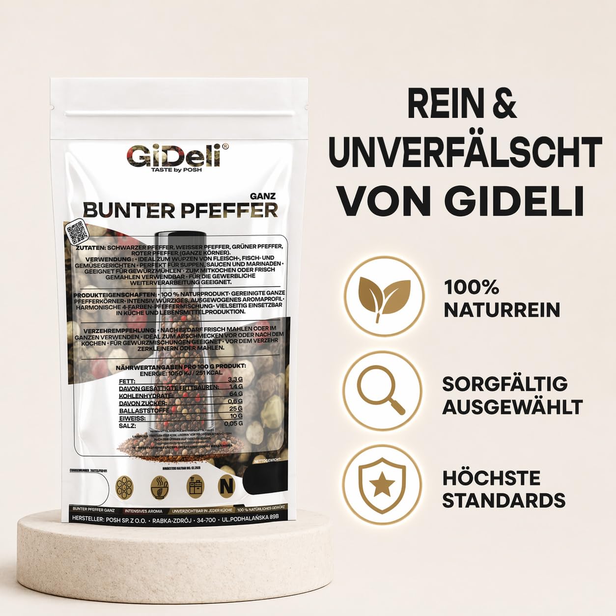 GiDeli Bunter Pfeffer Ganz 5kg - Aromatische Schwarze, Weiße, Rote und Grüne Pfefferkörner - Für Pfeffermühle und Mörser - Universell Einsetzbar - 100% Naturrein ohne Zusätze