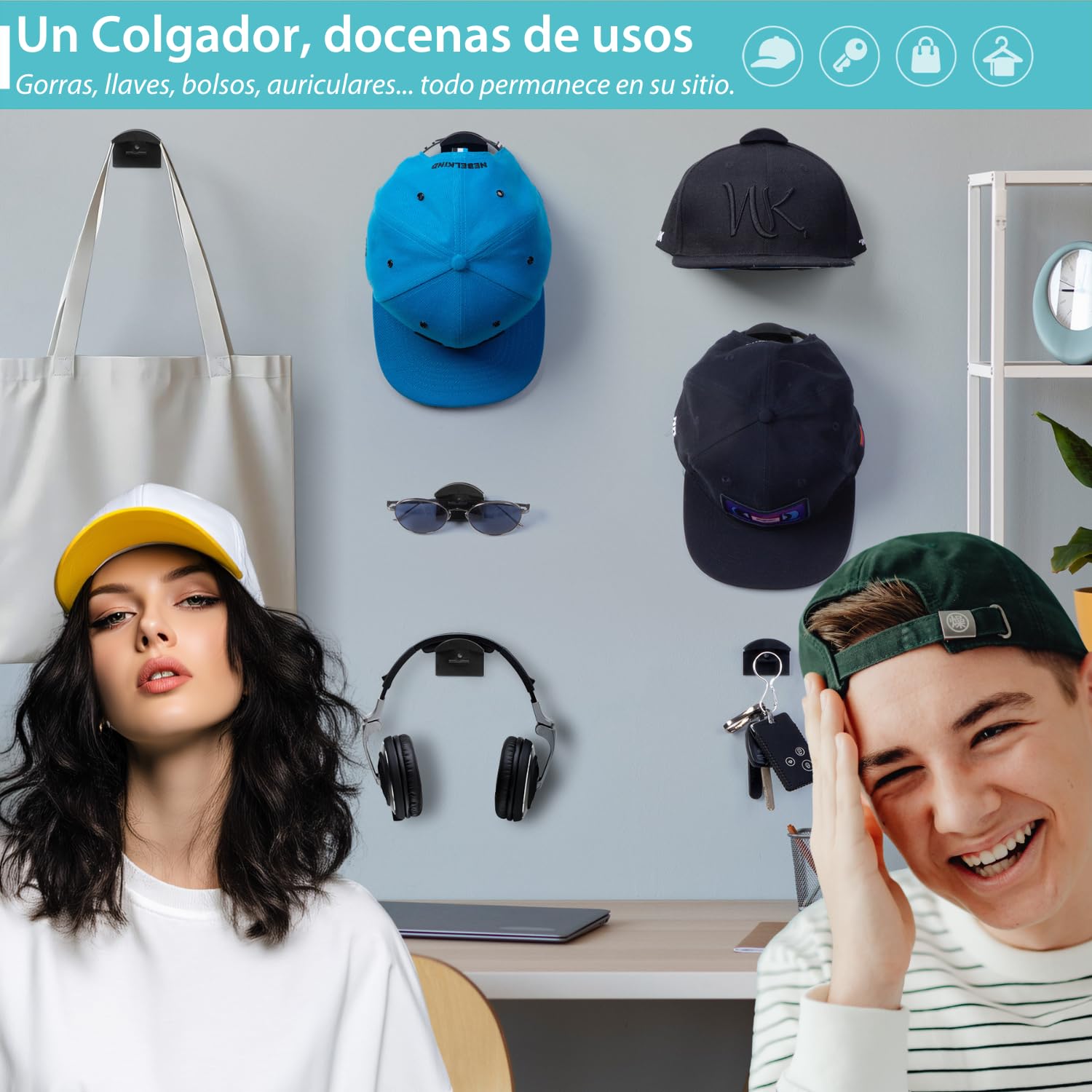 Colgador Gorras Organizador Negros – 10 Ganchos Pared (2 en 1 Adhesivo o Tornillos) Perchero Modular para Gorra Abrigo Ligero Auriculares Llaves Cuelga Hasta 1 Kg Estilo Moderno para Hogar y Armario