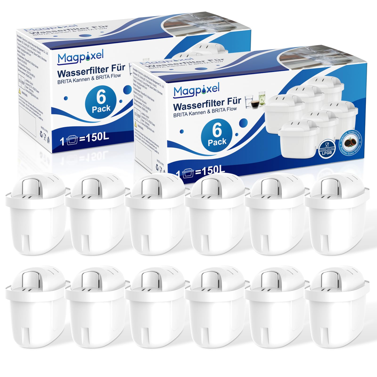 Wasserfilter Kartusche für BRITA Filter, 12er-Pack, Passend für Alle BRITA Wasserfilter-Kannen, Extra Kalkschutz, Reiner Wassergeschmack, filtert PFAS, Chlor, Kalk, Metalle, Ultimativer Geräteschutz