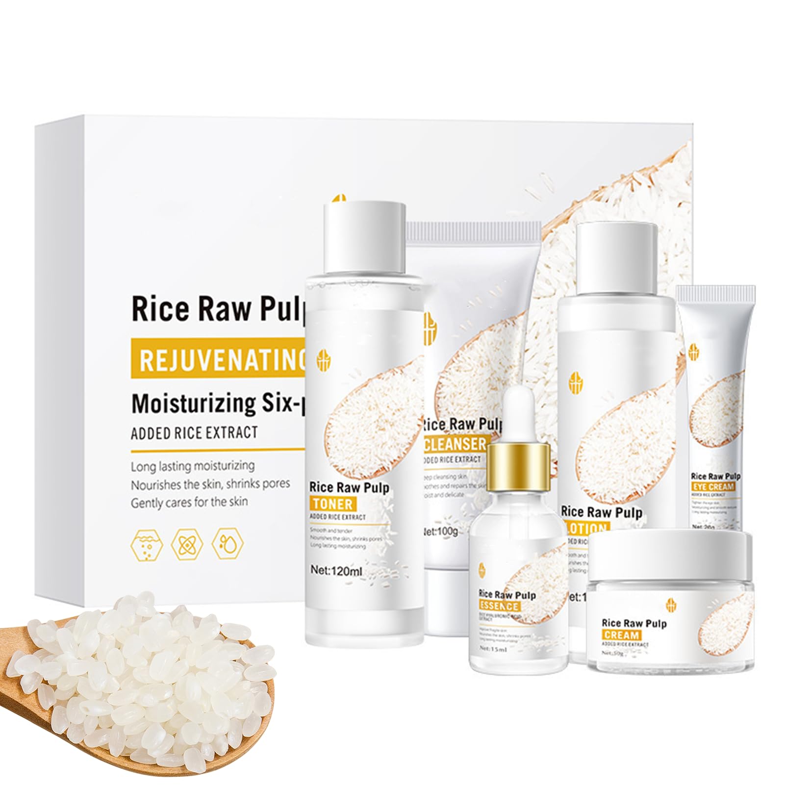 Skincare Set, 6pcs Rice Raw Pulp Korean Skin Care Sets & Kits for Women Teenage Girls Gifts with Cleanser Toner Eye Cream Essence Emulsion Face Cream Gift Set for Hydrating Skin