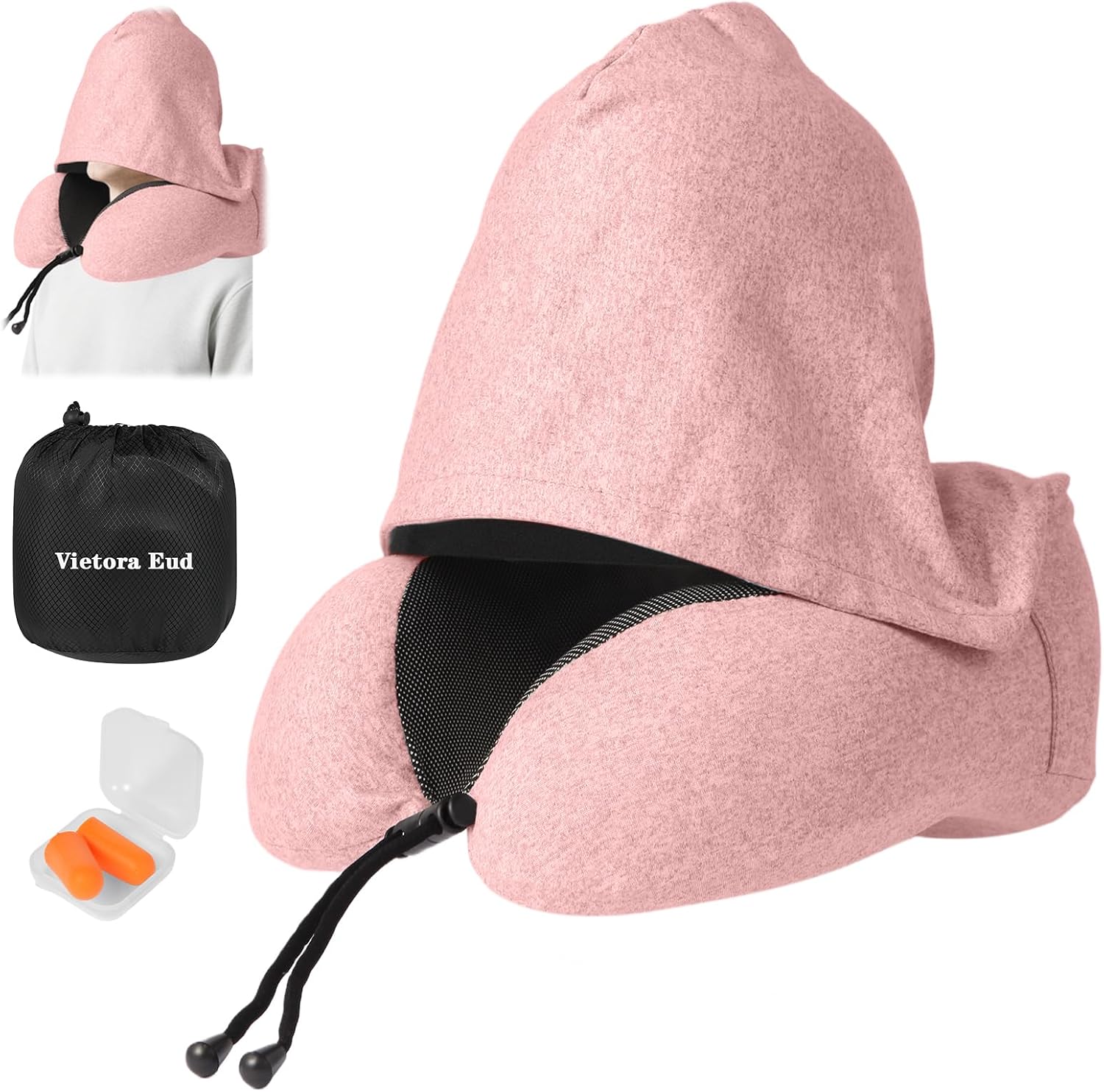 MILKSILK Travel Neck Pillow with Adjustable Hood – 100% Light Blocking Memory Foam Neck Support Pillow for Airplane, Car, Office – Breathable & Portable with Earplug Holder & Carry Bag (Pink)