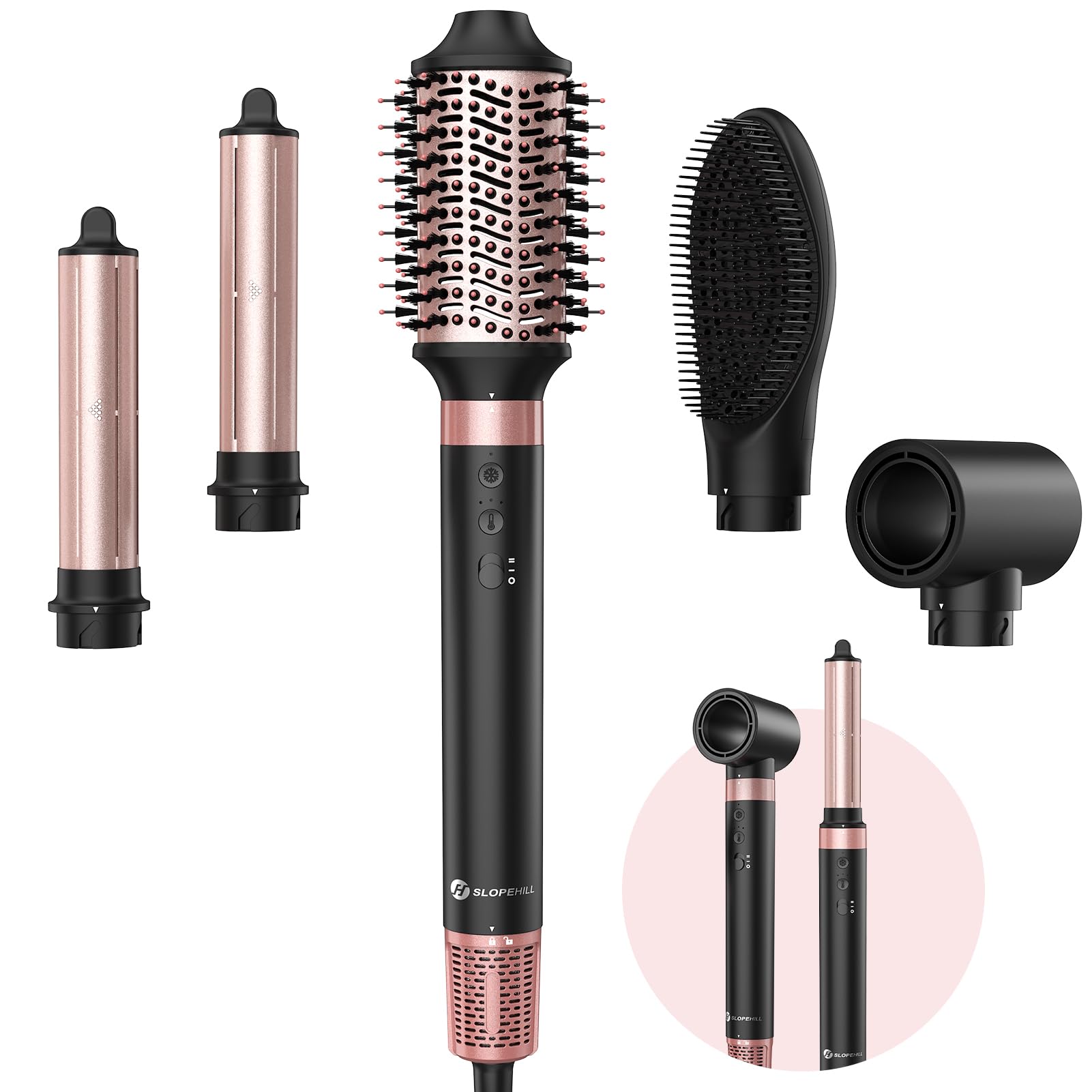 Slopehill Airstyler 5 IN 1, Ionen Föhn 110000 U/Min, Multifunktionaler Hairstyler, Lockenstab Automatisch, Warmluftbürste,Glätteisen, für Styling, Volumisieren, Locken und Glätte（Schwarz）