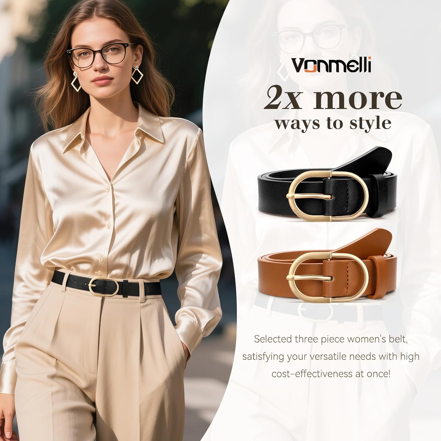 VONMELLI 2 Pack Women's Belts for Jeans Pants Fashion Gold Buckle Ladies Dress Belt - Image 4