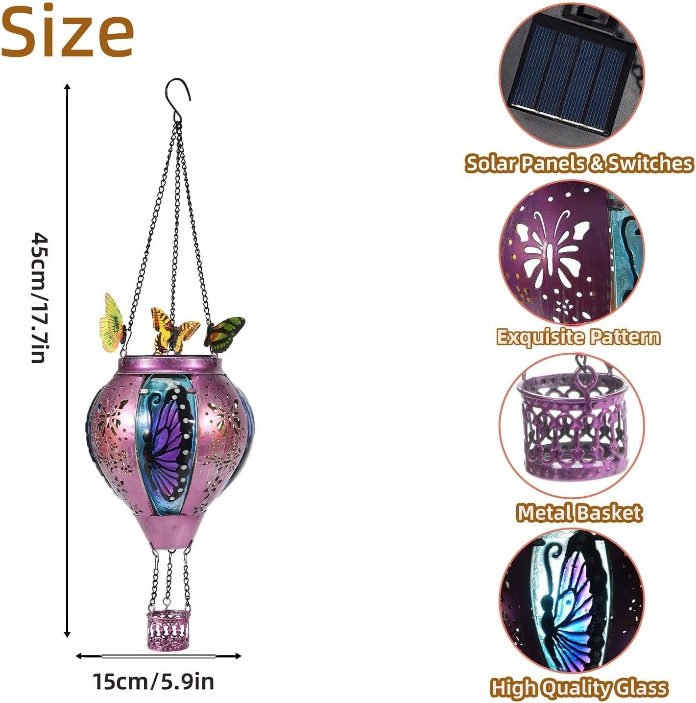 Upgraded Hot Air Balloon Solar Lantern Flickering Flame,Glass Hanging Solar Lights Outdoor Waterproof with Butterfly Decorative,Power Hot Air Balloon Garden Patio Decor for Lawn Porch Tree Yard