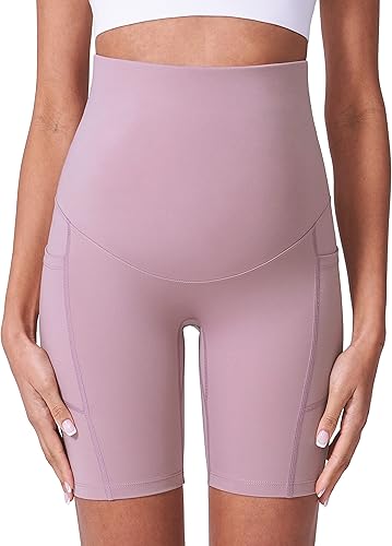 Miniatura 4 de POSHDIVAH Pantalones cortos de maternidad para mujer, sobre el vientre, pantalones cortos de yoga para el embarazo, con bolsillos, 8 pulgadas