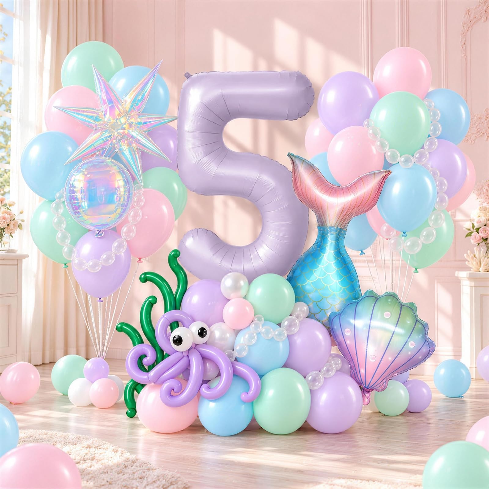 Mermaid 5th Birthday Decor Girls, Pink Purple Blue 40 In Number 5 Balloon