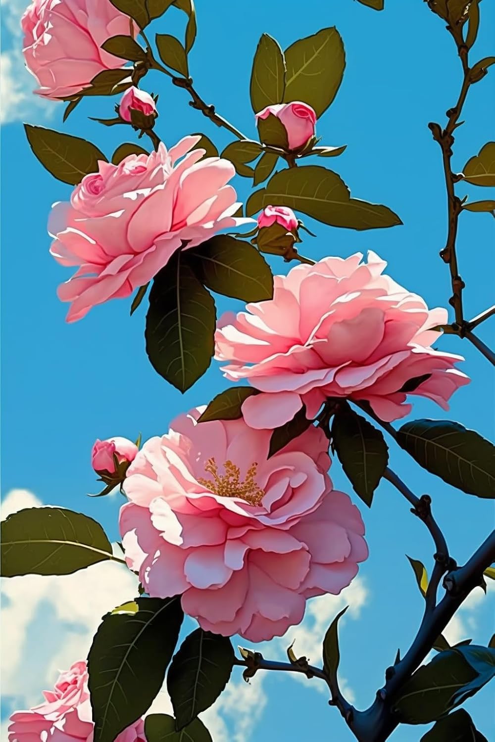 5D Adult Diamond Painting, Blue Sky Pink Camellia Diamond Painting Kits, Suitbale for Beginners and Children Handmade DIY Holiday Gift or Room Decor and Living Room Decor 20X20Inch