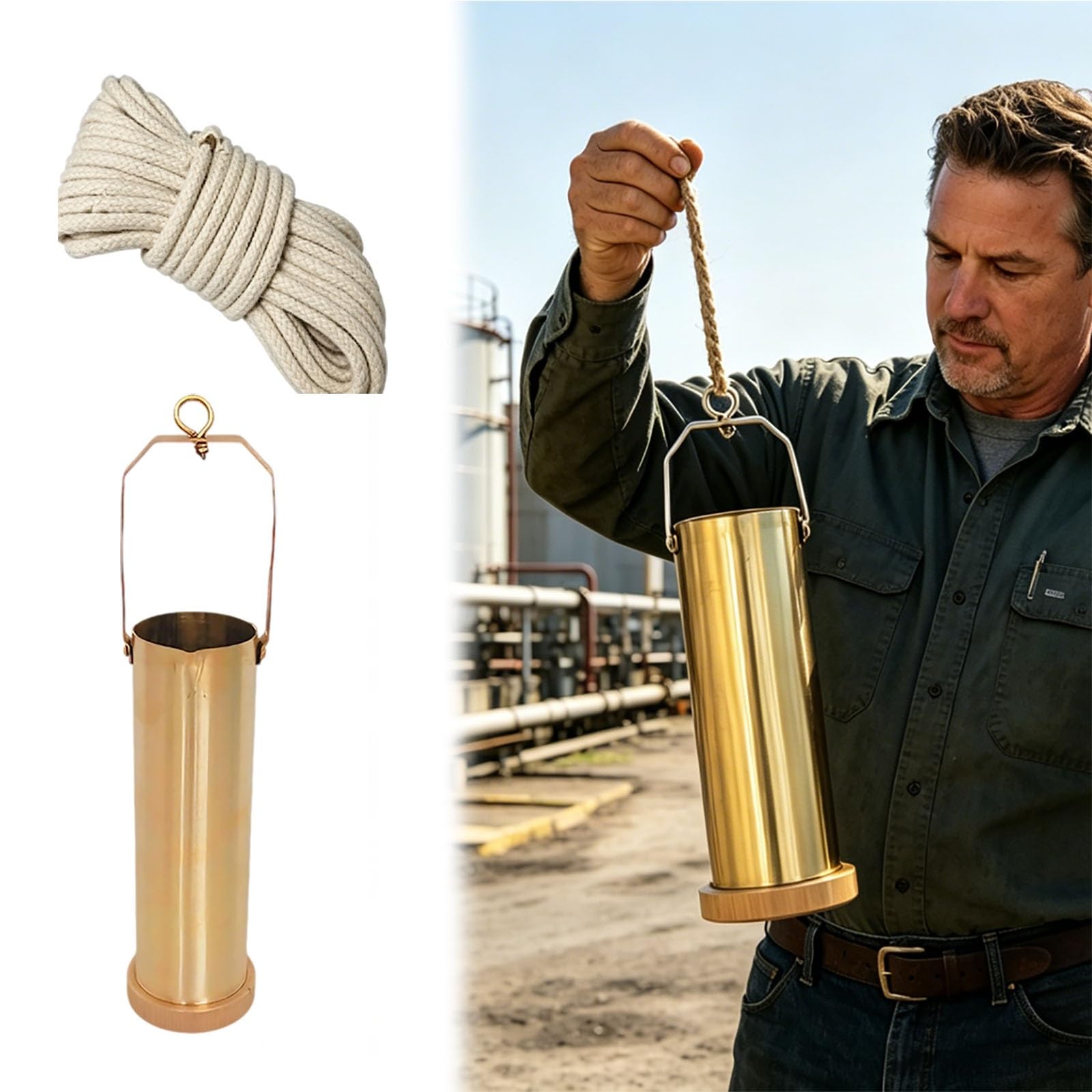 HDYZJQ Rustproof Refinery Oil Bottom Sampler with Portable Ropes, Laboratory/Industrial Handheld Oil Sampling Bottle, Easy to Clean Oil Tank Sampler Set(Copper,35 fl oz/1000ml)