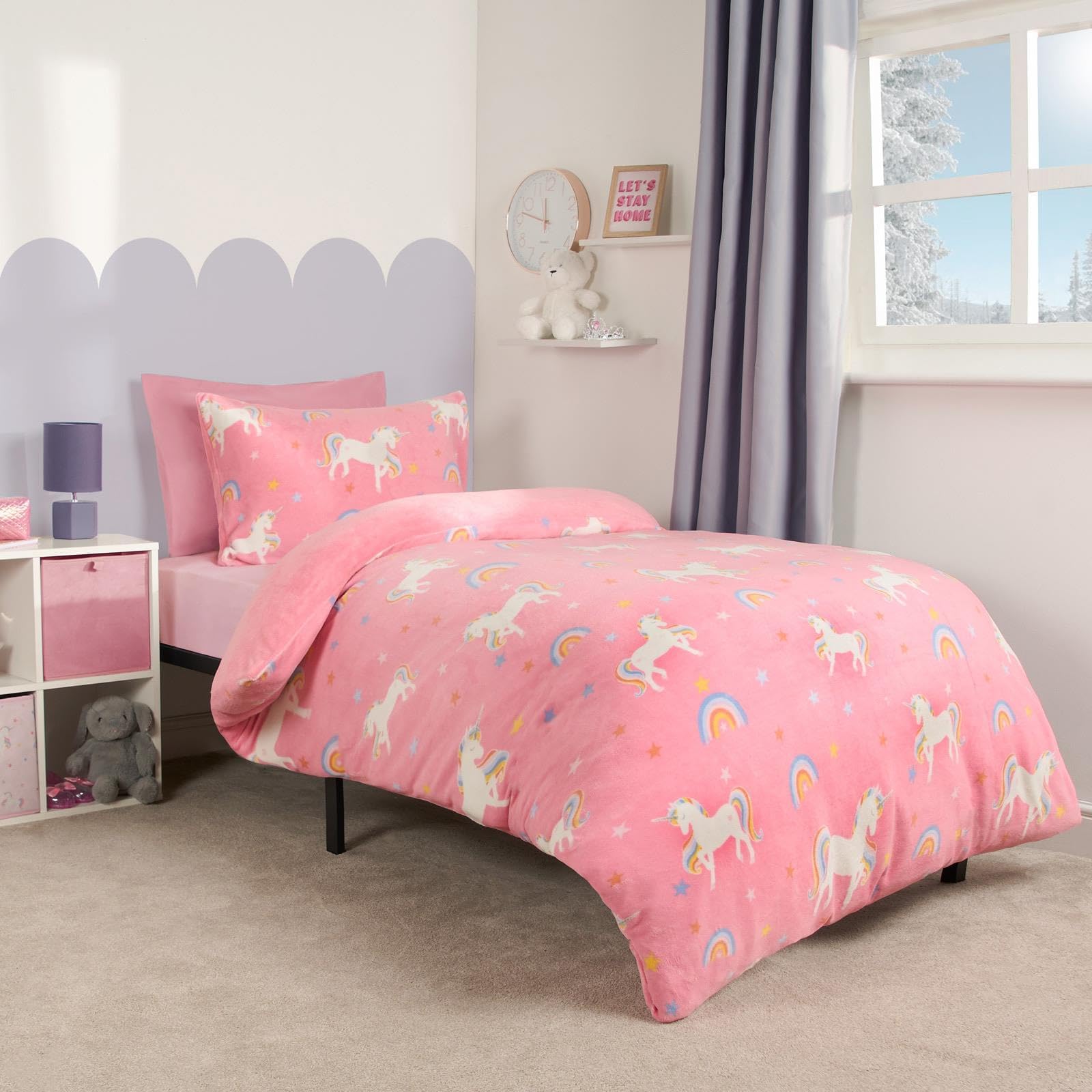 Pink Unicorn Toddler Bedding Sets for Girls, Teddy Fleece Duvet Set Soft Comfy Warm Girls Bedding Cot Duvet Kids Bed Covers Set with Pillowcase