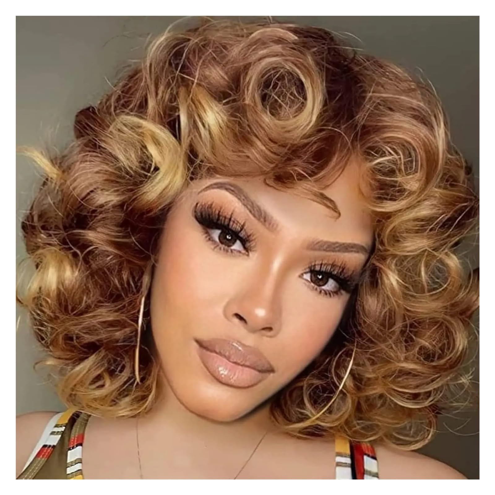 1 Stück Schwarze Kurze lockige Perücke, weich, braun, blond, große Locken mit Pony, lockiges Haar, hitzebeständig, for Damen, täglich, synthetische