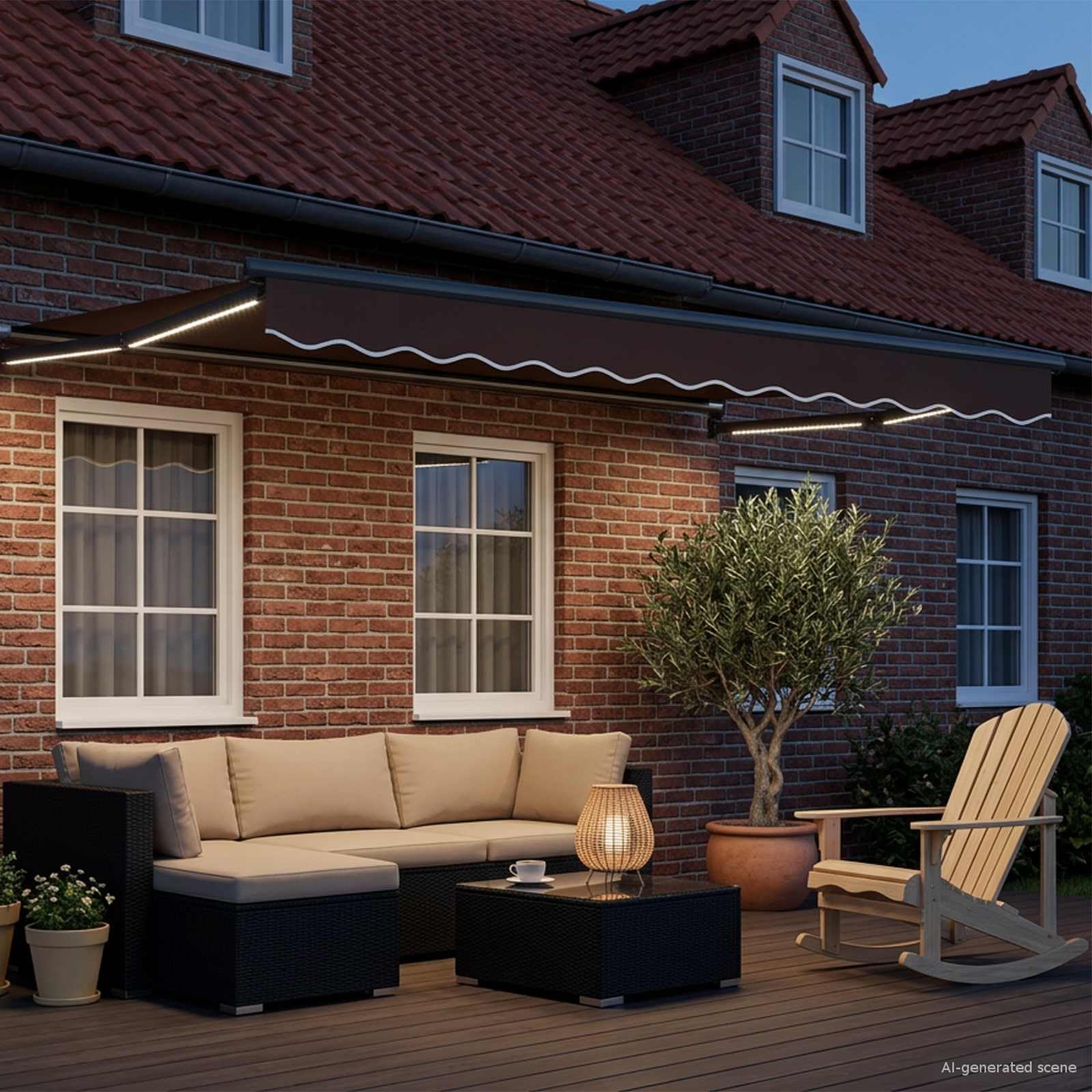 Elektryczna wysuwana markiza brązowa, 3 x 2,5 m, z diodami LED, czujnikiem pogody, odporny na warunki atmosferyczne, stabilna konstrukcja aluminiowa, na taras, balkon, do ogrodu, na odzież