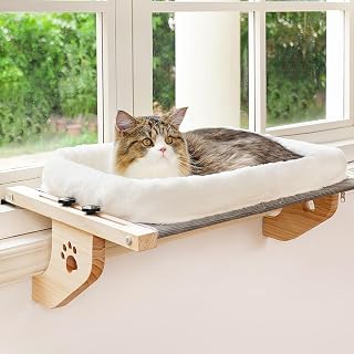 AMOSIJOY Cat Window Perch Hammock - Sturdy Wood & Metal Frame with Cushion for Large Cats, No-Drill Adjustable Seat for Windowsill, Bedside (Medium)