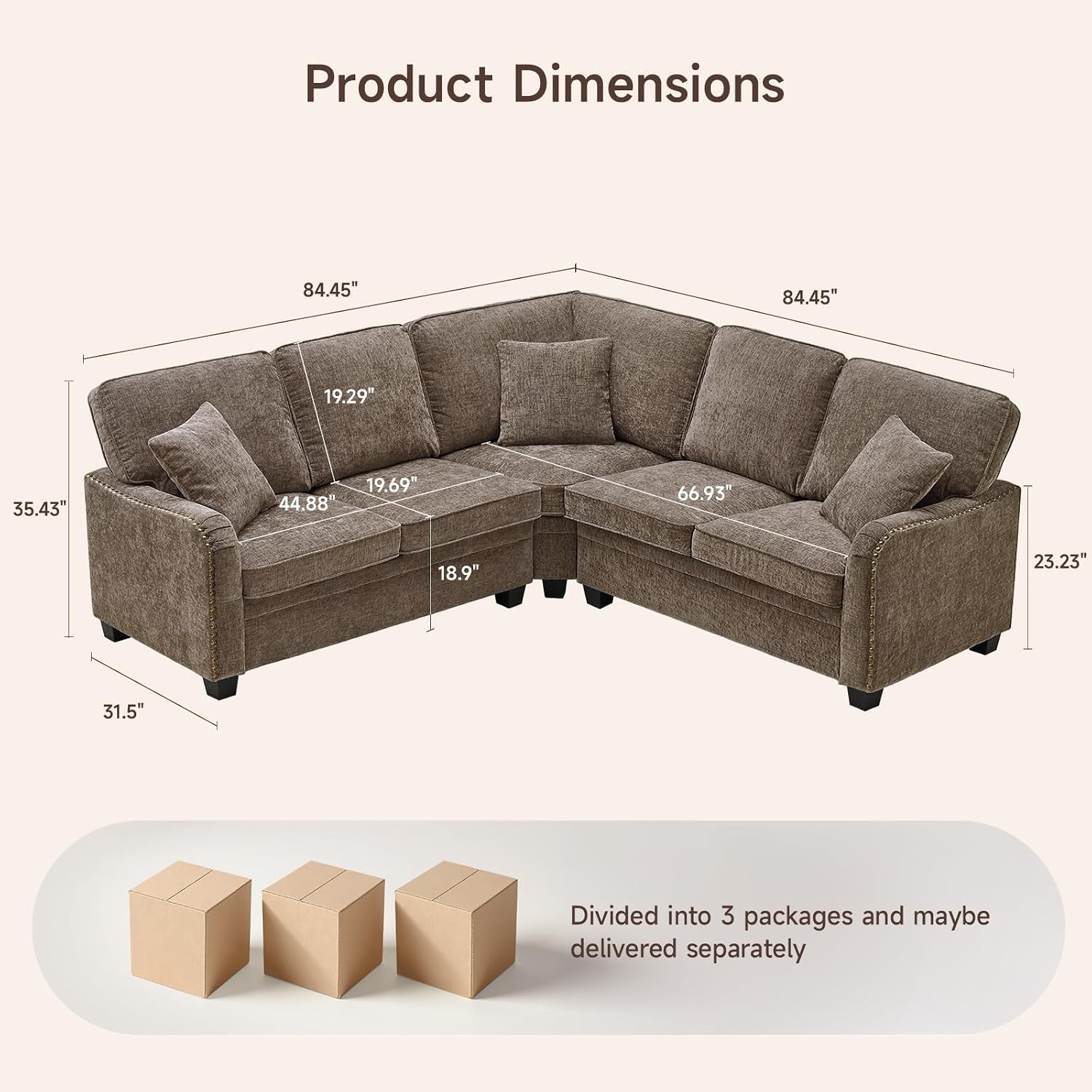 ONBRILL L-Shaped Sofa Chenille Nailhead Trim 3 Pillows Brown Living Room/Apartment