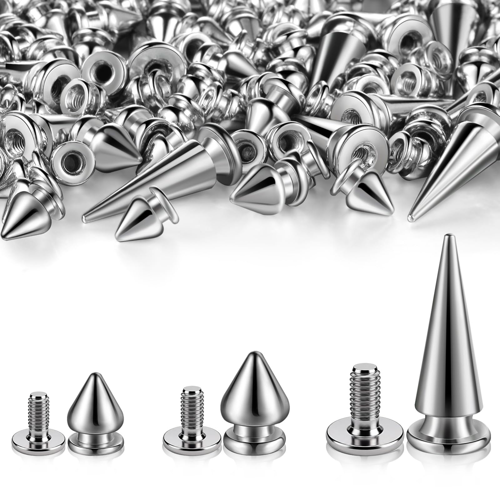 Photo 1 of 170 Pair Multiple Sizes Cone Spikes Screwback Studs for Clothing Large Medium Small Metal Tree Studs for Punk Rock Style Accessories DIY Leather Crafts Dog Collar(Silver)
