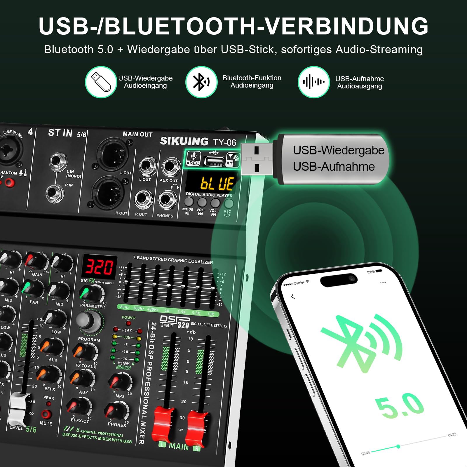 Table de mixage portable 6 canaux, mixeur audio professionnel, 320 effets DSP + égaliseur 7 bandes, carte son Bluetooth + interface USB, idéal pour l'enregistrement sur PC, les effets de studio