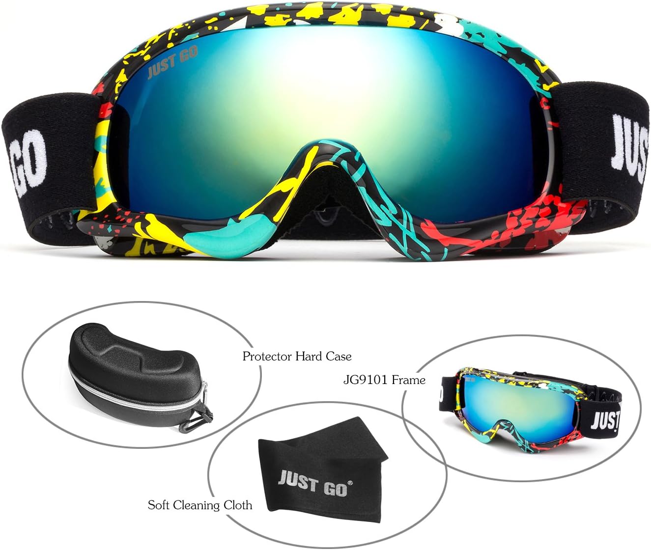 JUST GO Kids Ski Goggles with EVA case, Snowboard Snow Goggles Anti-Fog Double-Layer UV 400 Protection Lens for Boy and Girl, Multicolour Frame, Gold REVO Lens (VLT 12.8%) with EVA Case : Sports & Outdoors