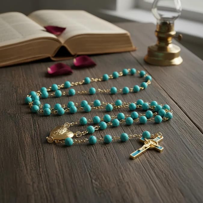 Nazareth Store Red Coral Glass Beads Rosary Catholic Saint Benedict Prayer Beaded Necklace with Miraculous Heart Shaped Locket Medal & Jesus Cross