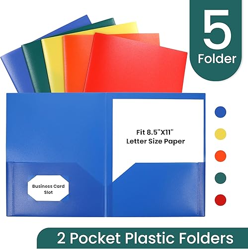 Miniatura 2 de GNL Carpetas de plástico con bolsillos, paquete de 5, carpetas de archivos de 2 bolsillos resistentes de colores, tamaño carta, carpetas de bolsillo