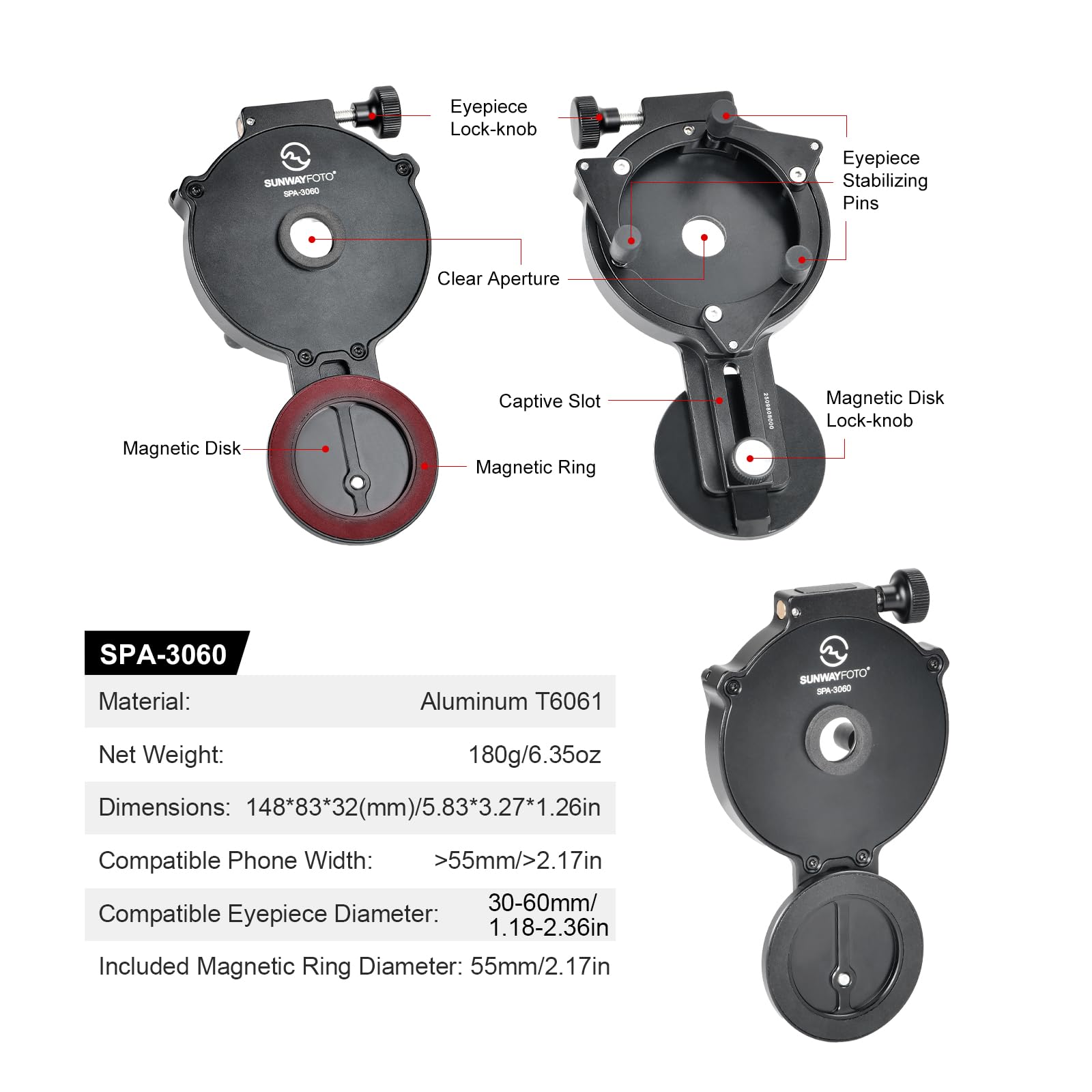 SUNWAYFOTO SPA-3060 - Adaptador de teléfono móvil para prismáticos, soporte universal para binoculares, compatible con el diámetro exterior del ocular 30-60 mm