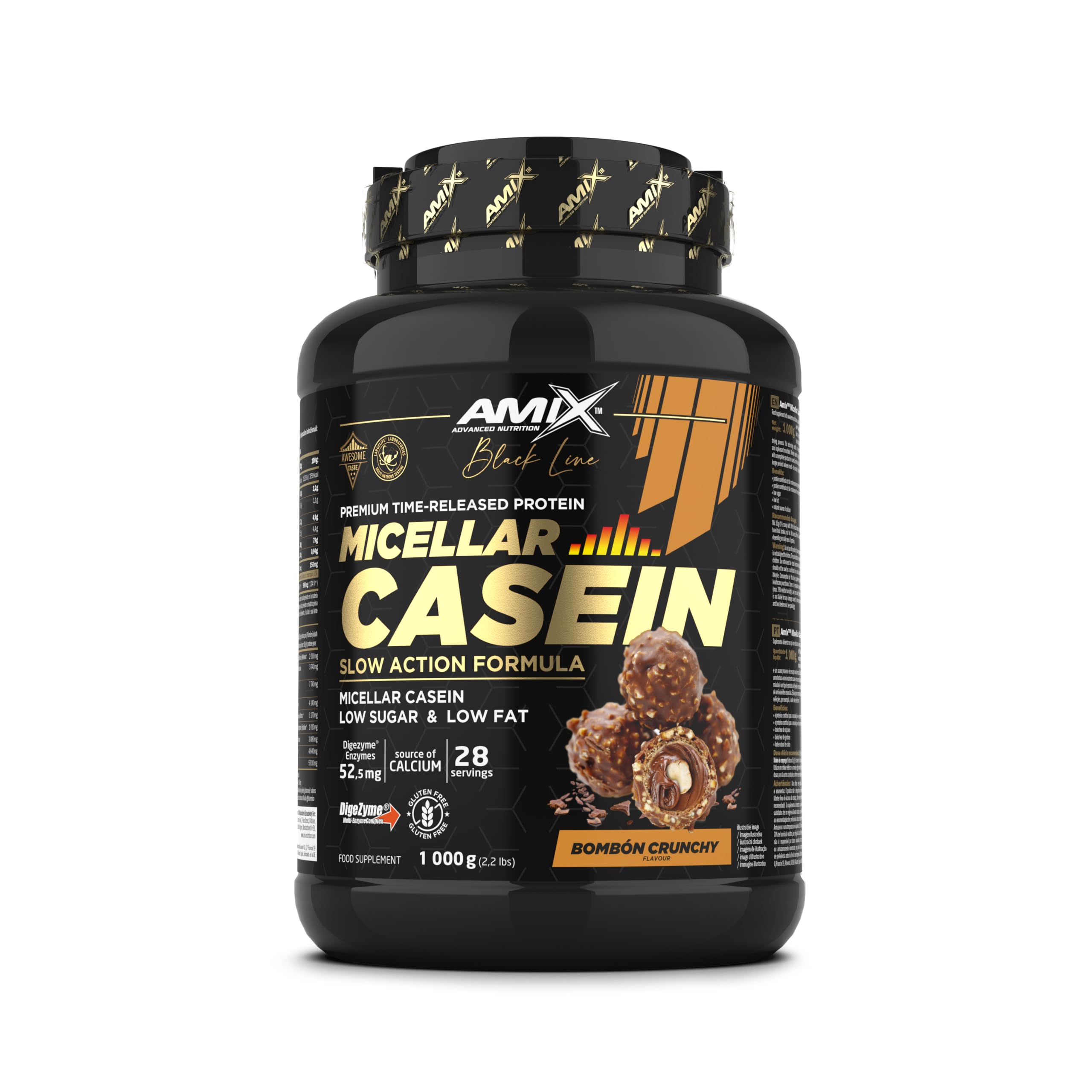 Amix™ Black Micellar Casein 1000g – Caseína Micelar de Liberación Lenta con DigeZyme® y Bajo en Azúcares y Grasas - Sabor Bombon Crunchy