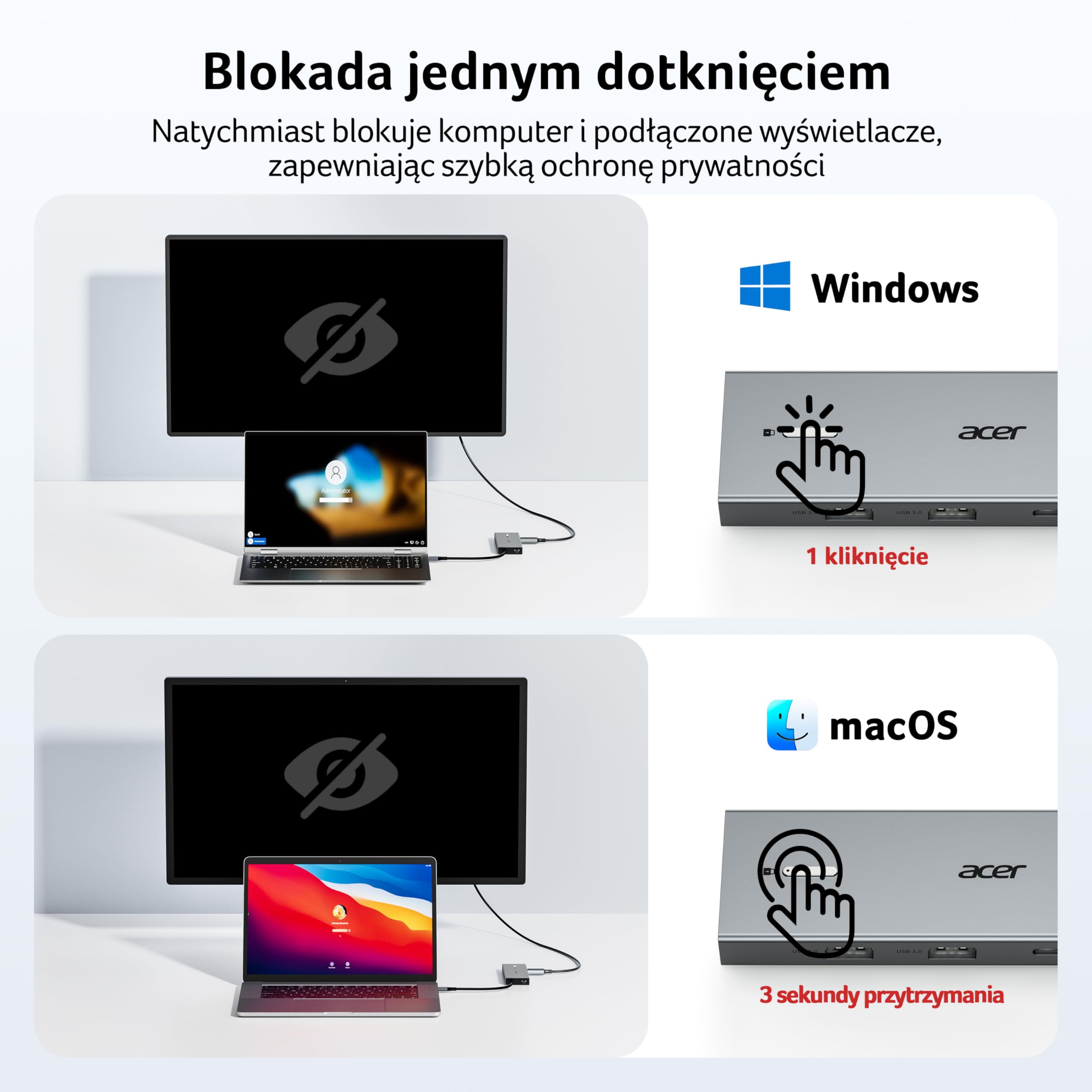 acer USB-C Hub 9w1, Stacja dokująca do laptopa z 4K@60Hz Dual HDMI, 3 USB-A 3.0 (5Gbps), port danych typu C, 100W PD, gniazdo na kartę SD/TF, do Acer, laptopów, MacBooka, iPada, Surface, XPS itp.