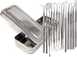 Comprehensive Dental Set of 13pc Plaque & Tarter Removing Double & Single Ended Explorer Probes in a Sterilizer Instrument Box Complete with Lid, Stainless Steel Oral Hygiene Care Professional Tools