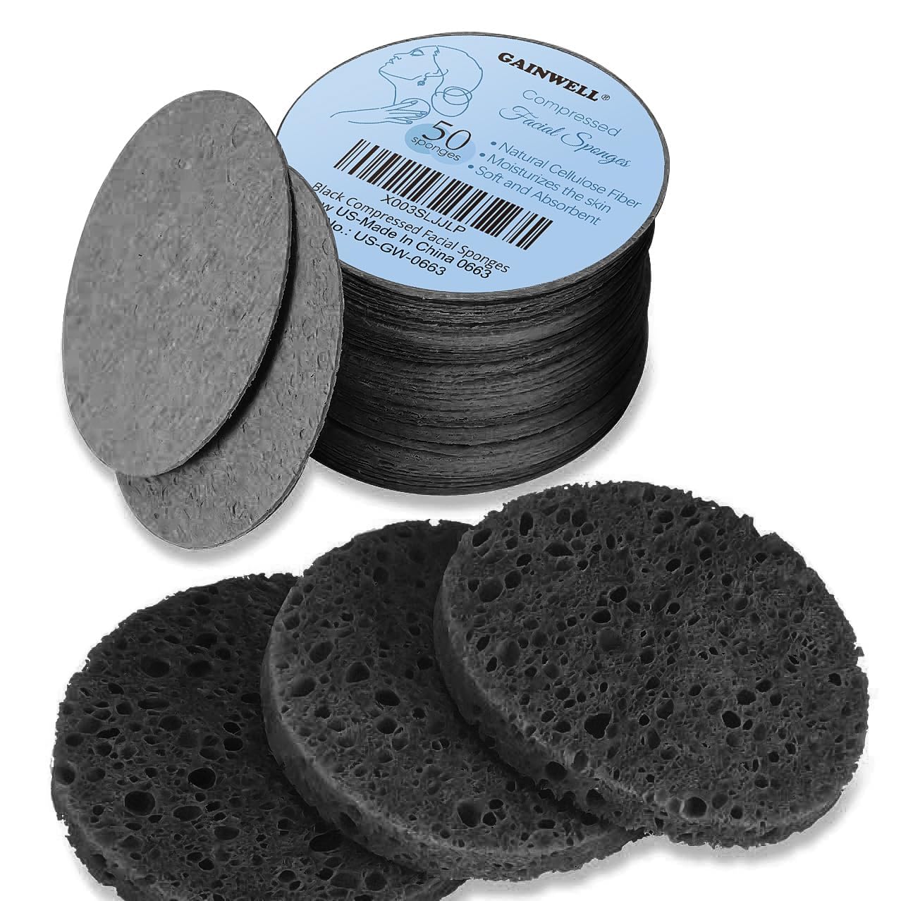 50-Count Black Compressed Facial Sponges for Daily Facial Cleansing and Exfoliating, 100% Natural Cosmetic Spa Sponges for Makeup Remover, Reusable