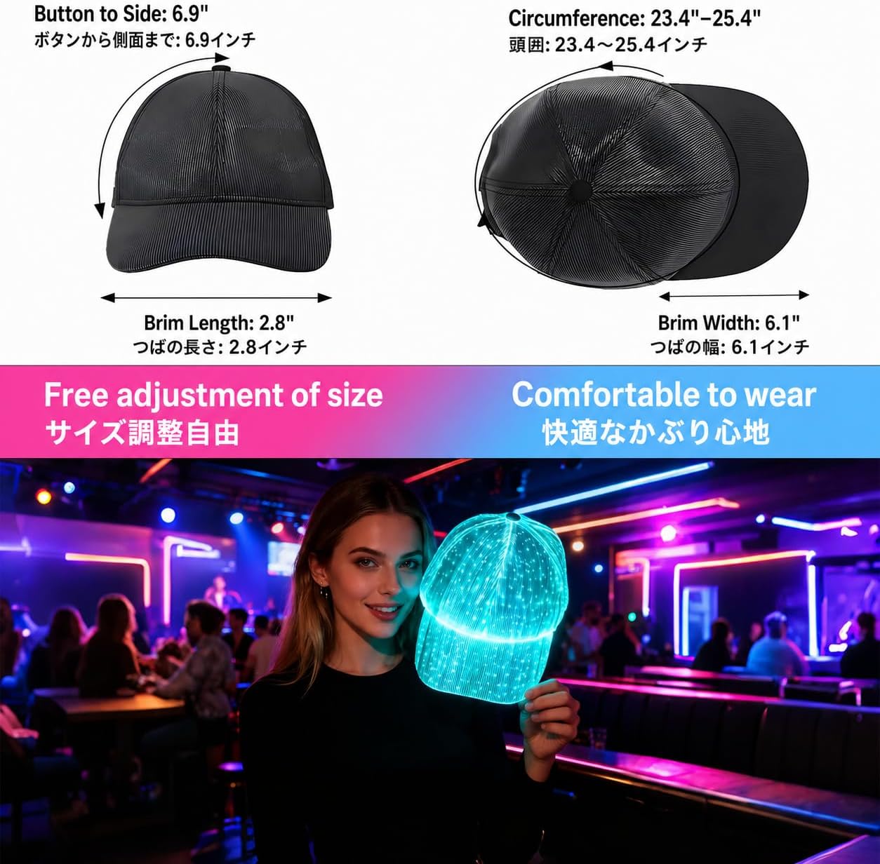 LED Light Up Baseball Cap, 7 Color Luminous Fiber Optic Hat, USB Charging, for Rave, Christmas, Hip Hop