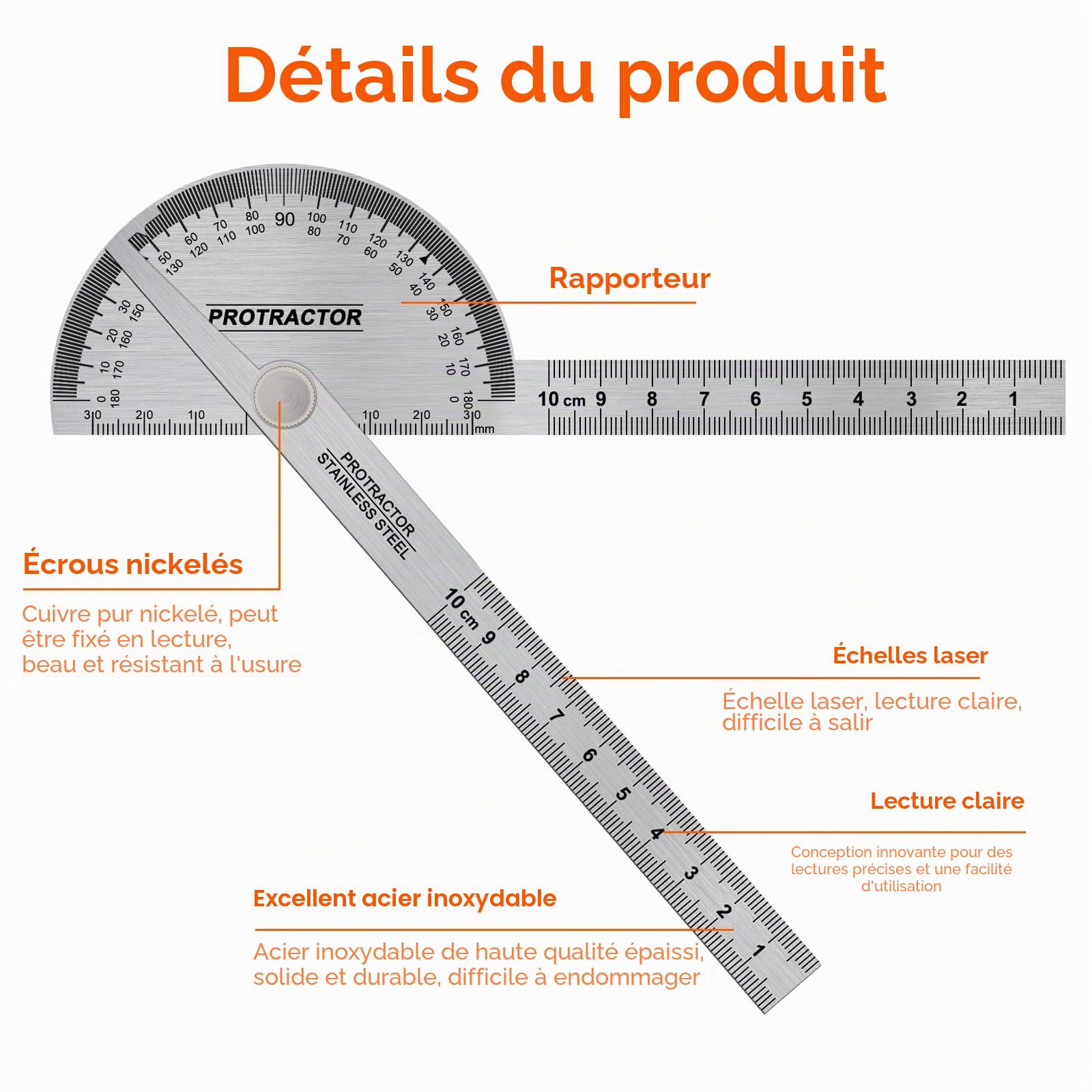 Rapporteur d'angle, 0 à 180 ° degrés en acier inoxydable 30 cm Règle de recherche d'angle à deux bras, règle de travail du bois, outil de mesure d'angle, rapporteur d'ingénieur pour la peinture
