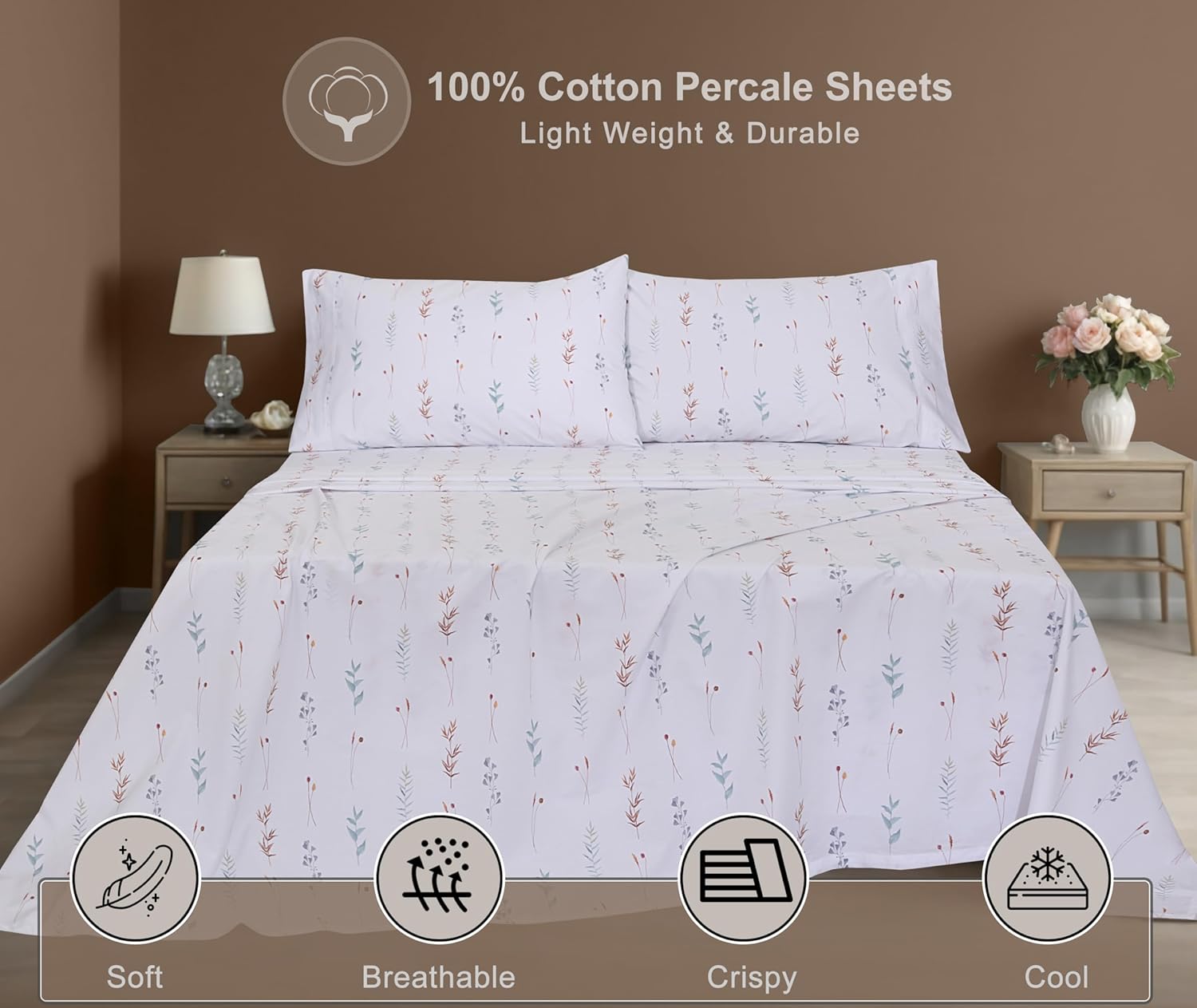 ZOYER 100% Cotton Sheets – Queen Size Percale Bedding, Cooling & Breathable, Durable with a Crisp, Soft & Comfortable Feel, 16" Deep Pocket, 4-Piece Set, Fairy Meadows - Image 5