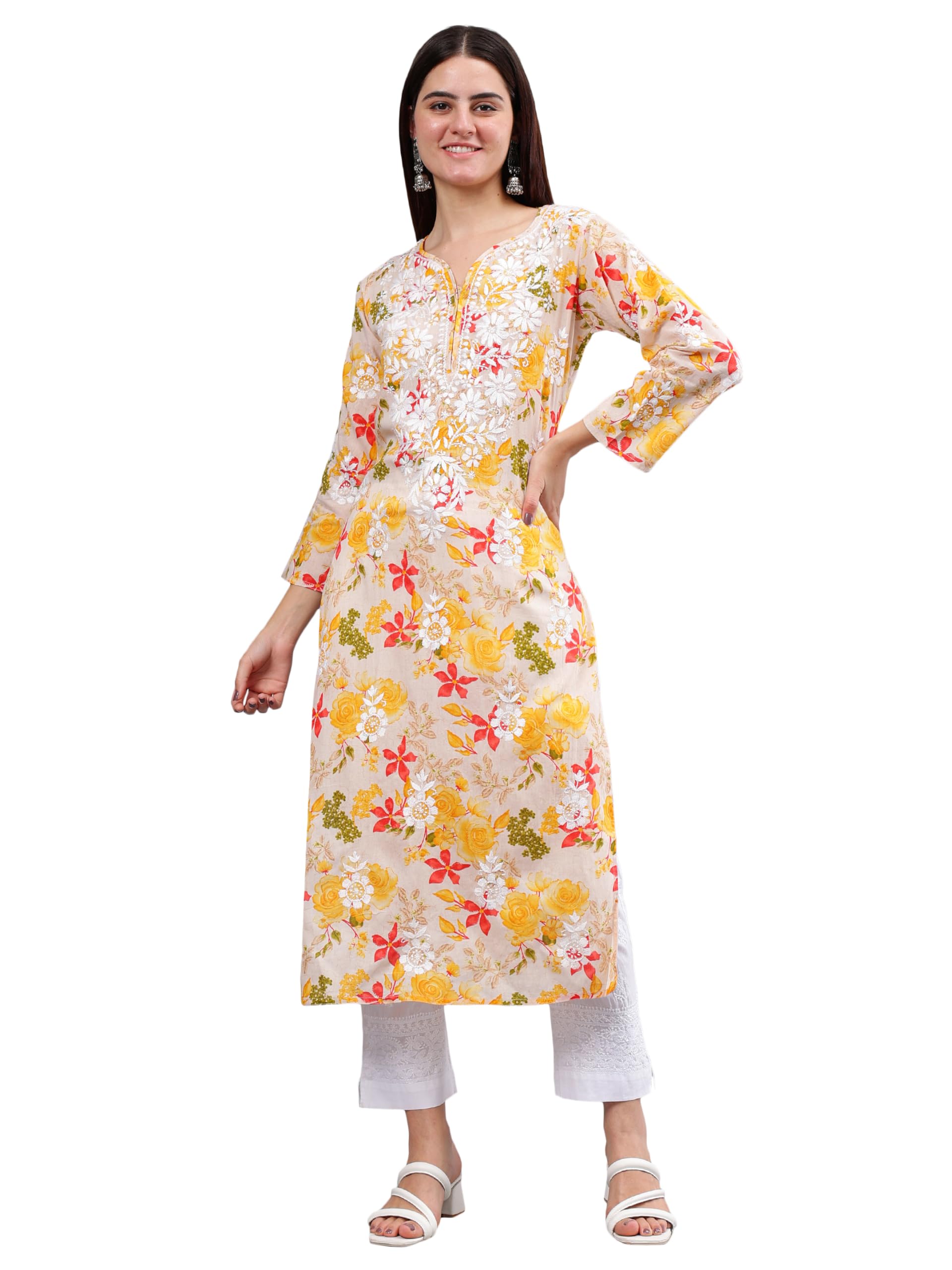 seva chikan Hand Embroidered Lucknowi Chikankari Printed Mal Mal Straight Kurta for Women SCL4584-picture-46