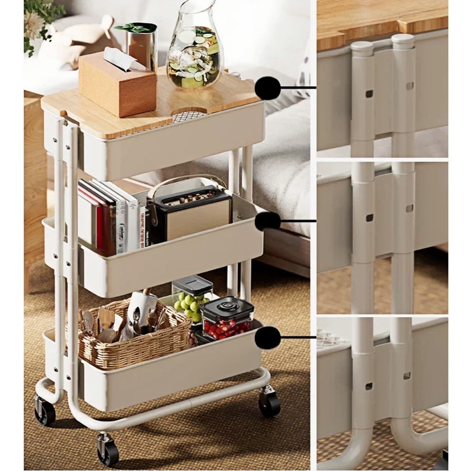 Carrello da cucina Carrello portaoggetti con rotelle a 3 livelli, ripiano mobile for snack e organizer da comodino(Blue)