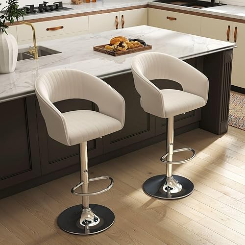 Miniatura 5 de Juego de 2 modernas sillas de bar de cocina con base plateada, taburetes de bar giratorios ajustables con respaldo y reposapiés, taburetes de