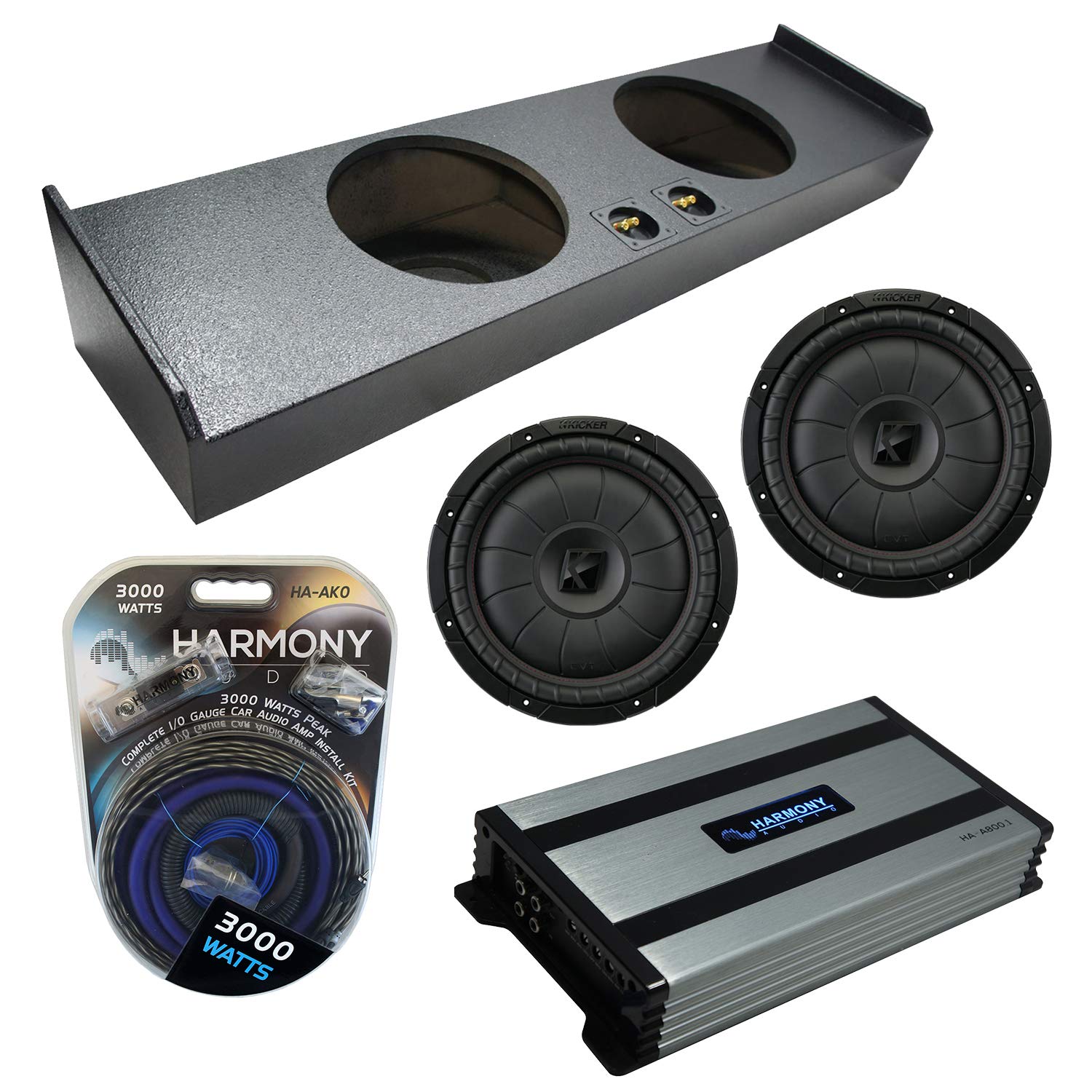 Compatible with 2009-2020 Ford F-150 Super Crew Truck Kicker Bundle CompVT CVT12 Dual 12" Rhino Coated Sub Box Enclosure & Harmony HA-A800.1 Amp
